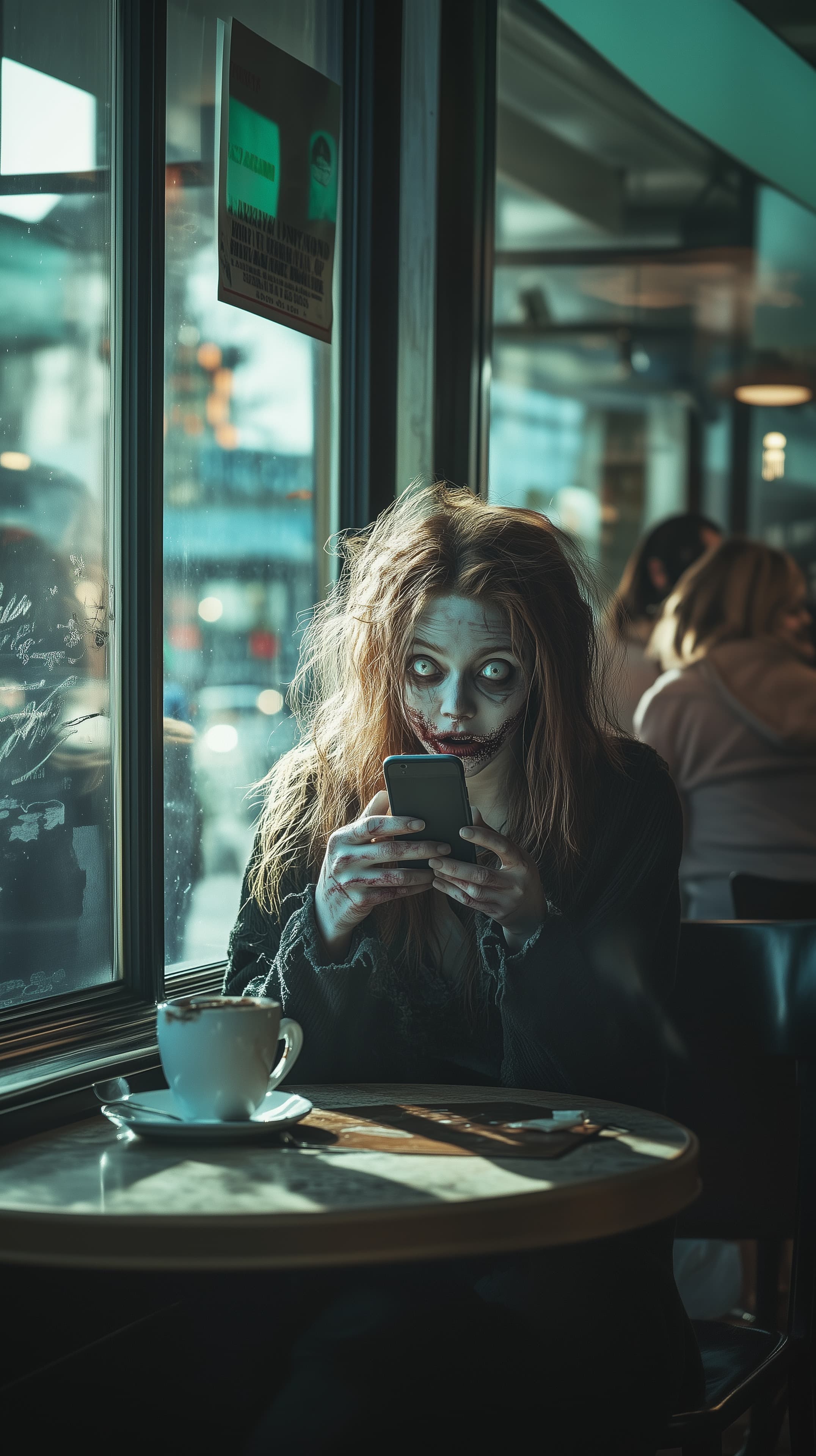 Moody Zombie-Inspired Café Portrait Wallpaper with Phone - High Resolution cafe Wallpaper for Mobile and Desktop
