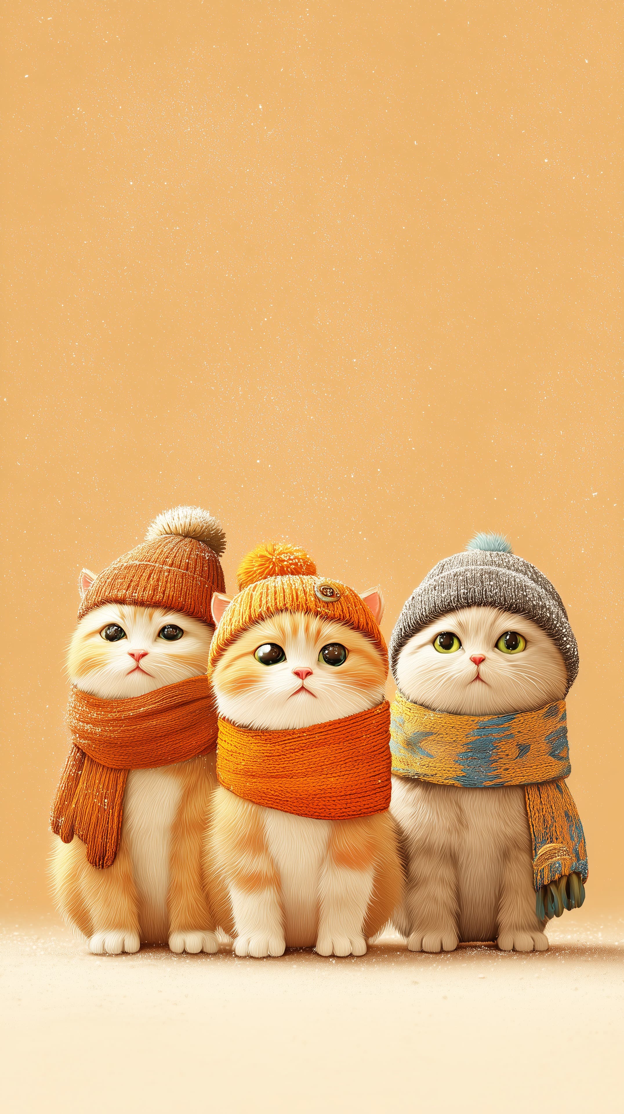 Three Cozy Kittens in Winter Scarves on Warm Peach Background - High Resolution animal-illustration Wallpaper for Mobile and Desktop