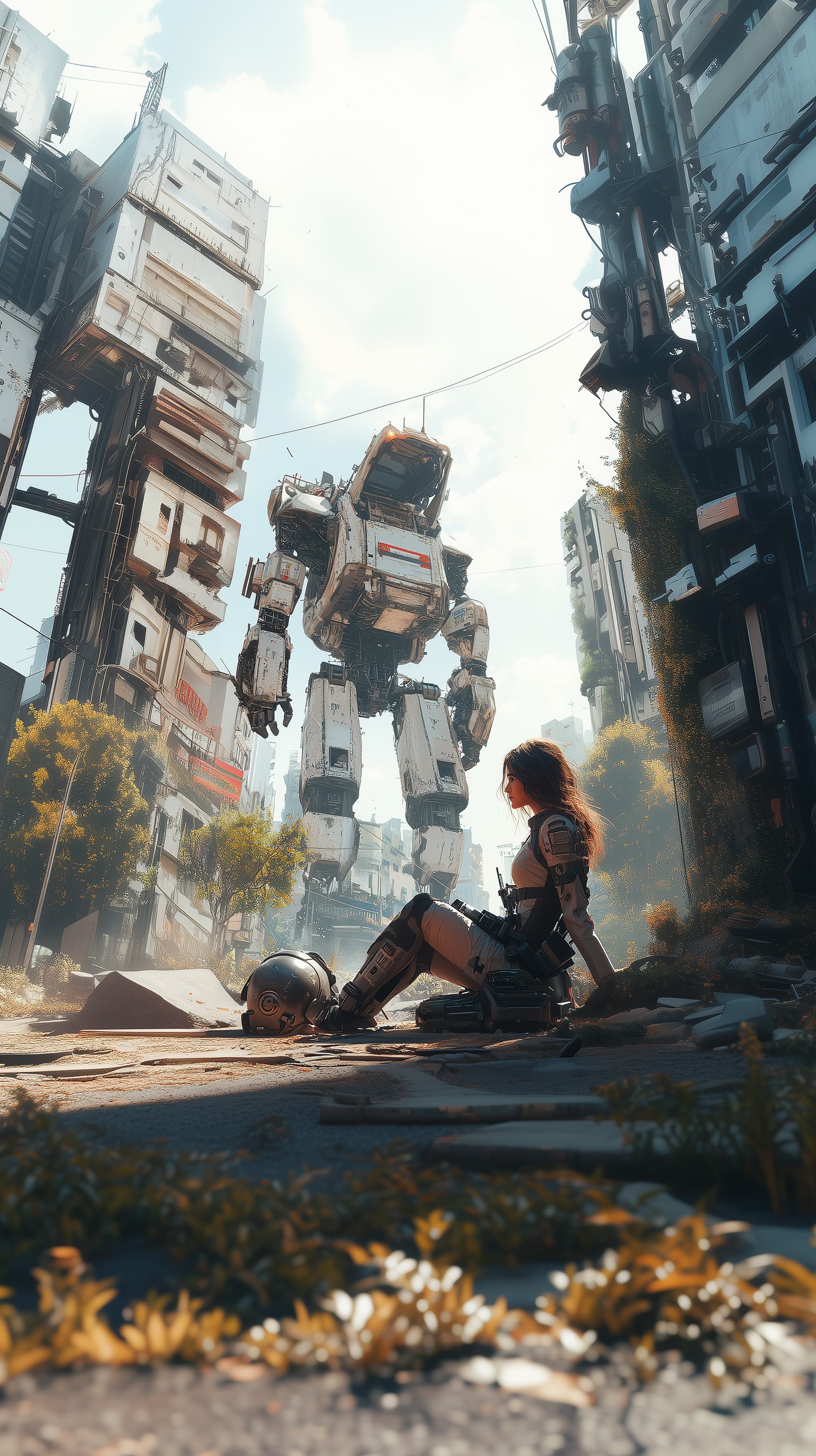 Post-apocalyptic Cityscape: Armored Heroine Meets a Colossal Mech - High Resolution armored Wallpaper for Mobile and Desktop