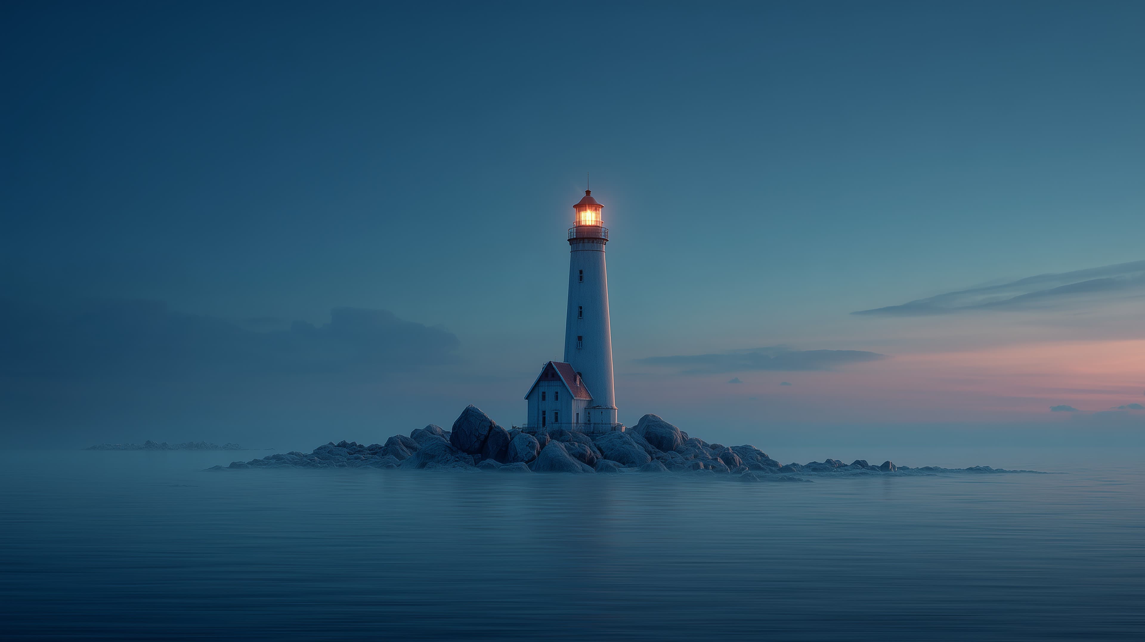 Tranquil Lighthouse on a Rocky Island at Blue Hour - High Resolution blue-hour Wallpaper for Mobile and Desktop
