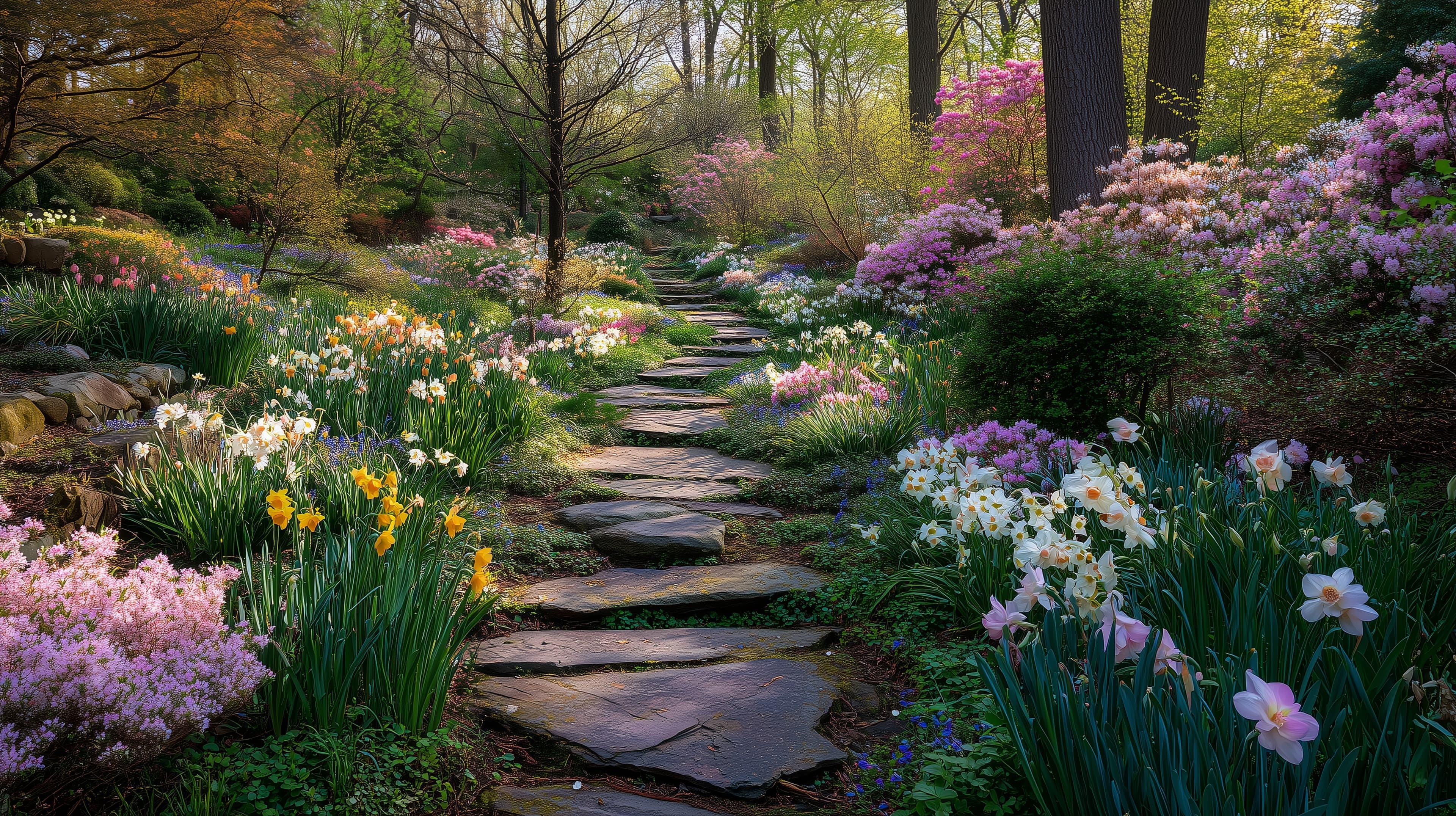 Tranquil stone path through a blooming spring garden - High Resolution blooming-plants Wallpaper for Mobile and Desktop