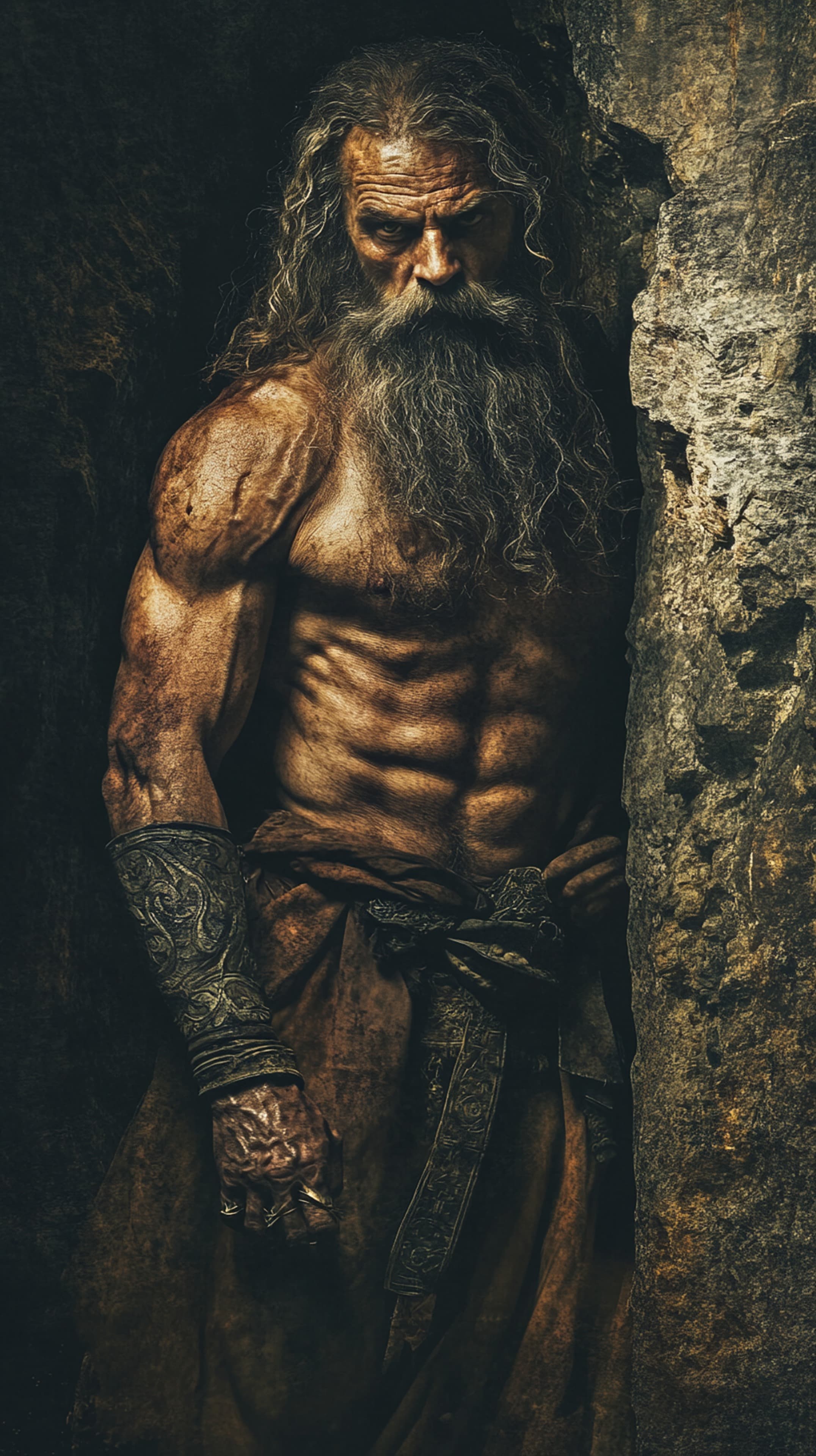Epic Fantasy Barbarian Warrior Wallpaper in Torchlit Cave - High Resolution barbarian Wallpaper for Mobile and Desktop