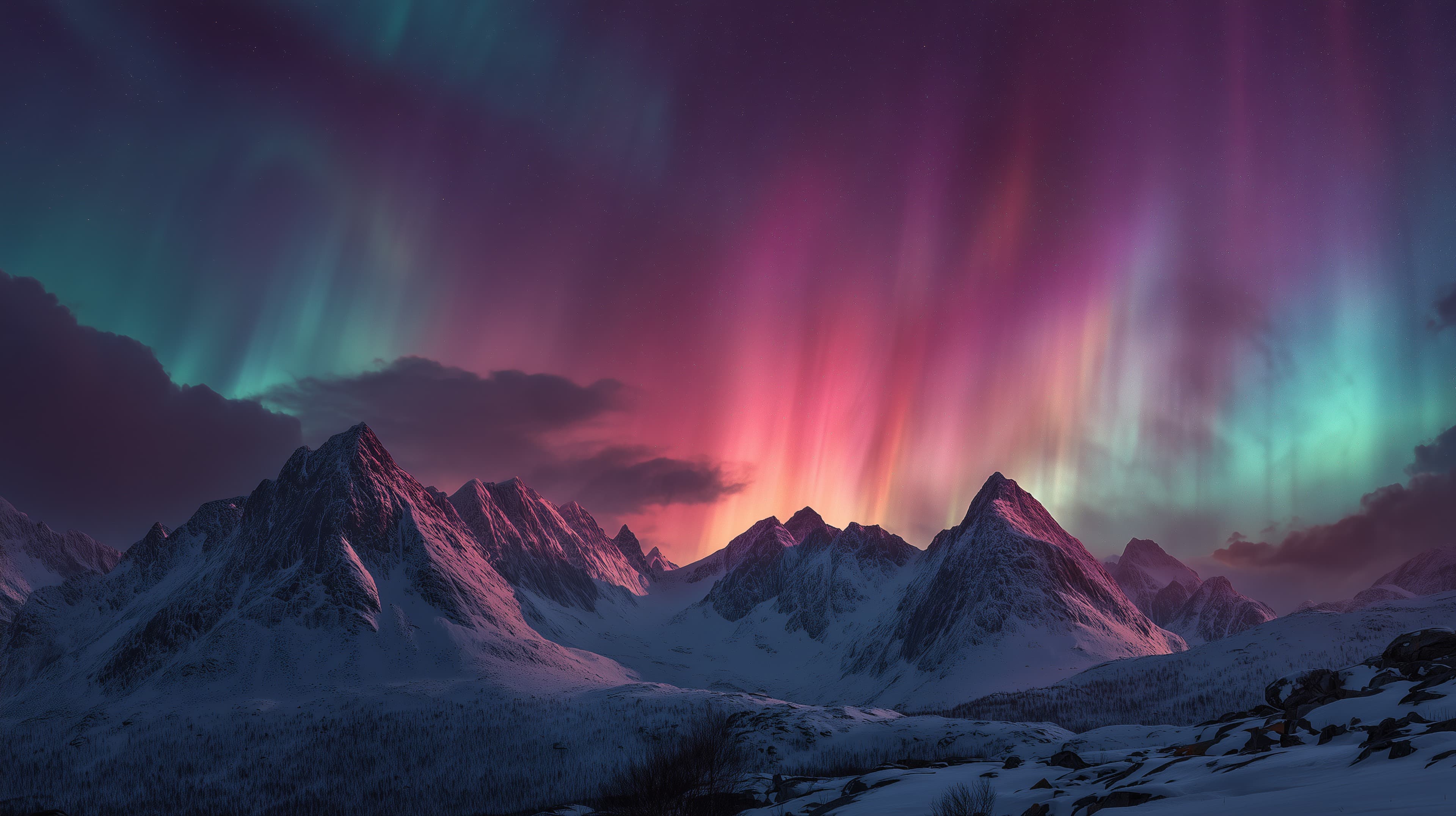 Aurora Over Snowy Peaks: Vibrant Night Sky Mountain View - High Resolution alpine-scenery Wallpaper for Mobile and Desktop