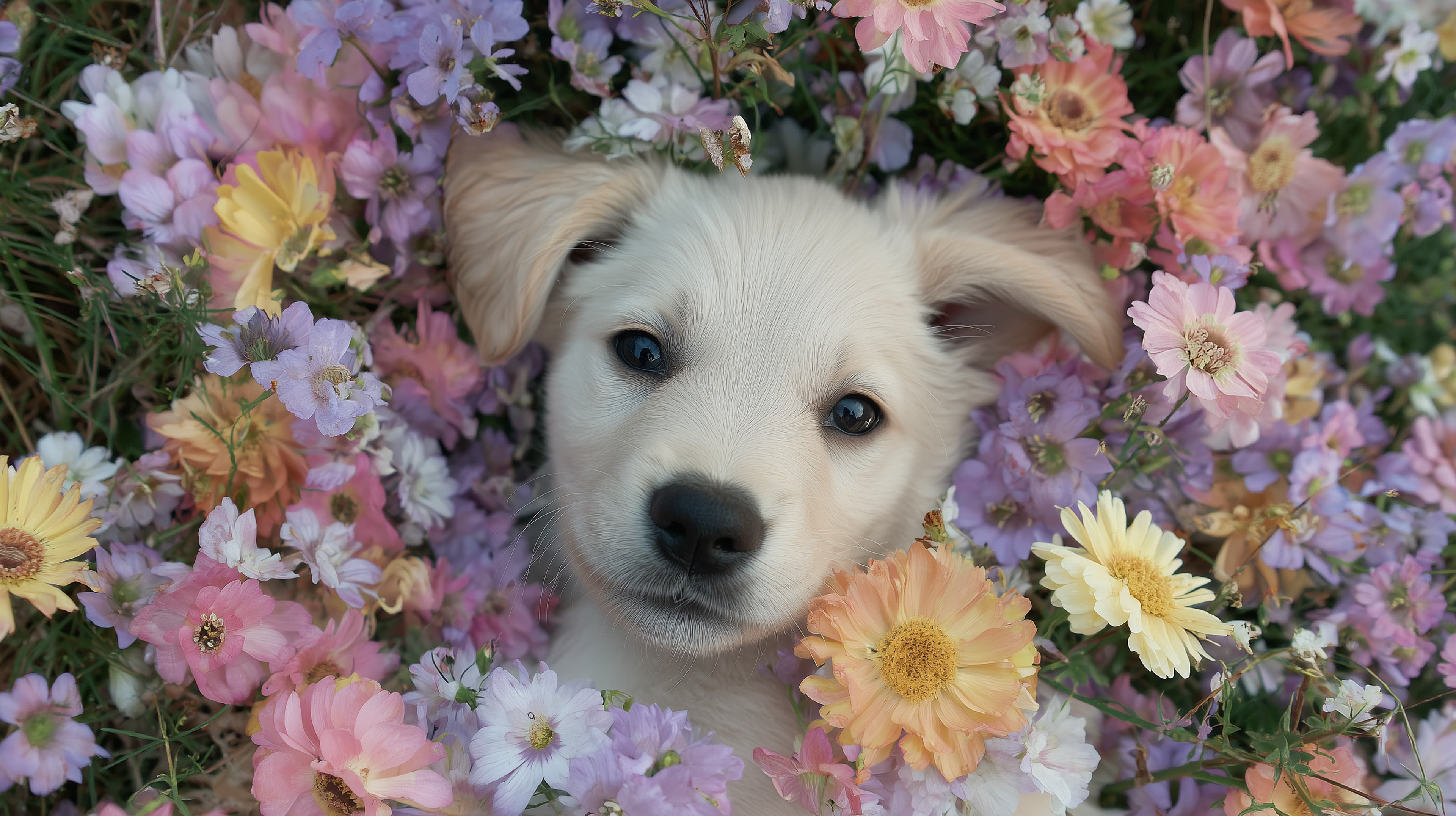 Pastel Flower Garden Puppy Wallpaper Calm Cute Puppy Among Blooms - High Resolution dog Wallpaper for Mobile and Desktop