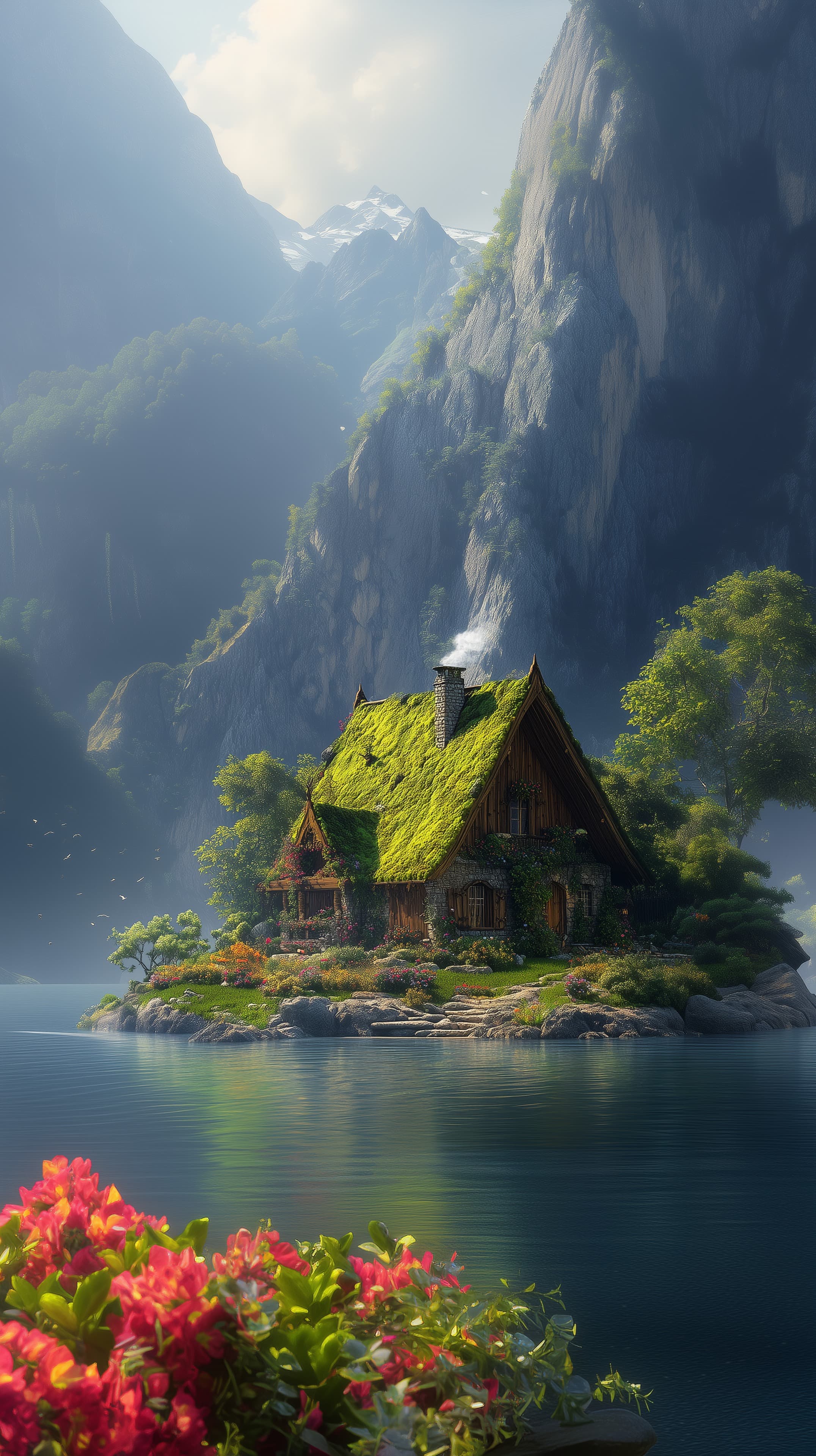 Dreamy mossy cottage on a tranquil alpine lake landscape - High Resolution alpine-landscape Wallpaper for Mobile and Desktop