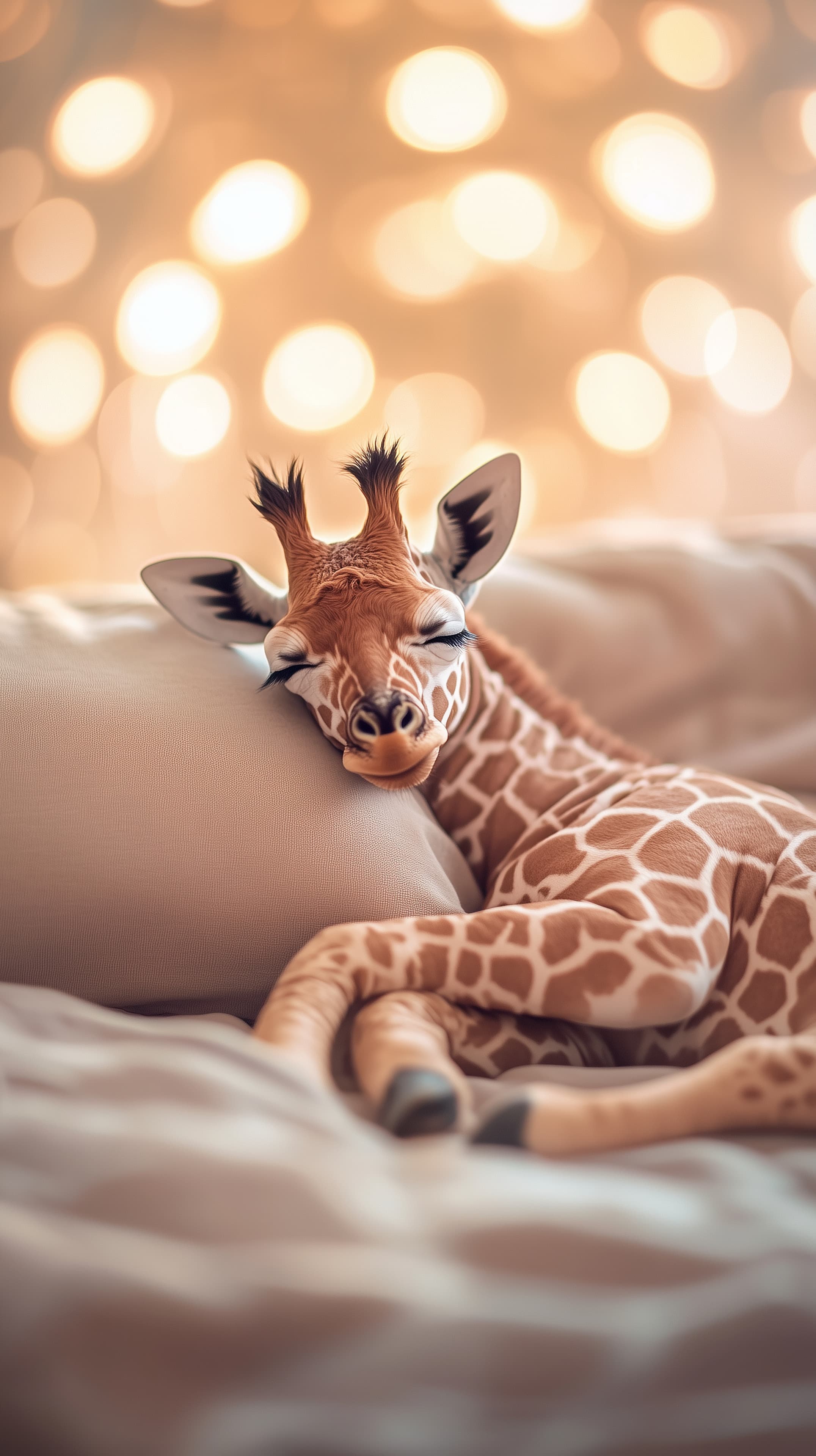 Cozy Sleeping Giraffe Baby on Soft Bedding - Warm Bokeh Glow - High Resolution baby-animal Wallpaper for Mobile and Desktop