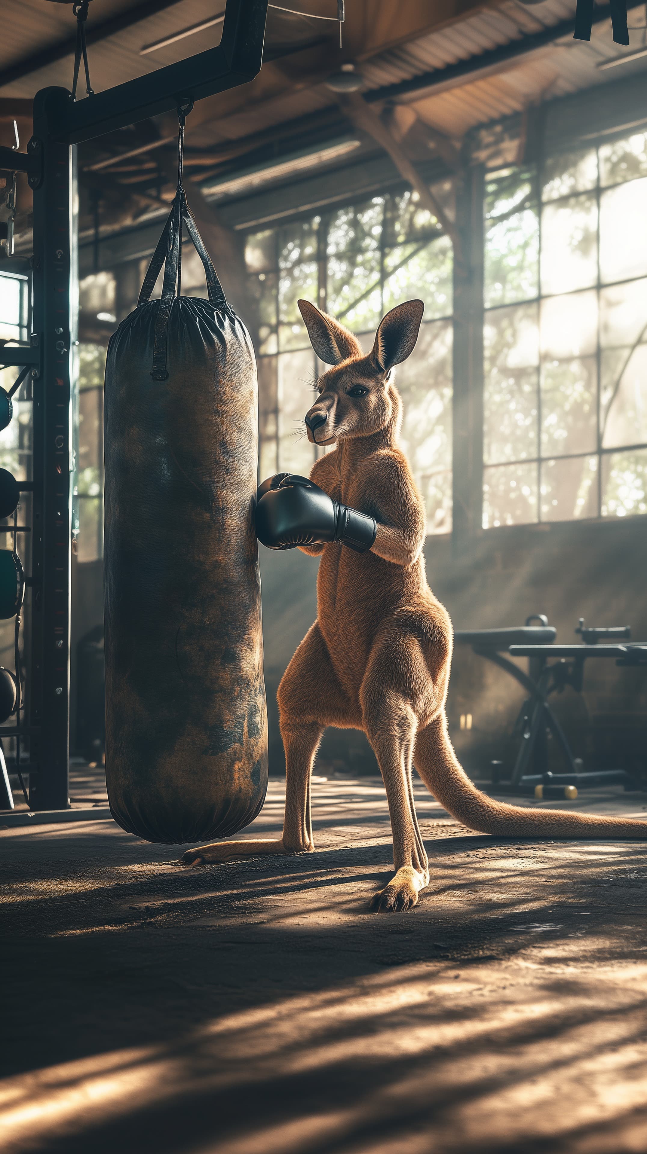 Kangaroo Boxer Training in a Sunlit Gym by a Heavy Bag - High Resolution animal-art Wallpaper for Mobile and Desktop