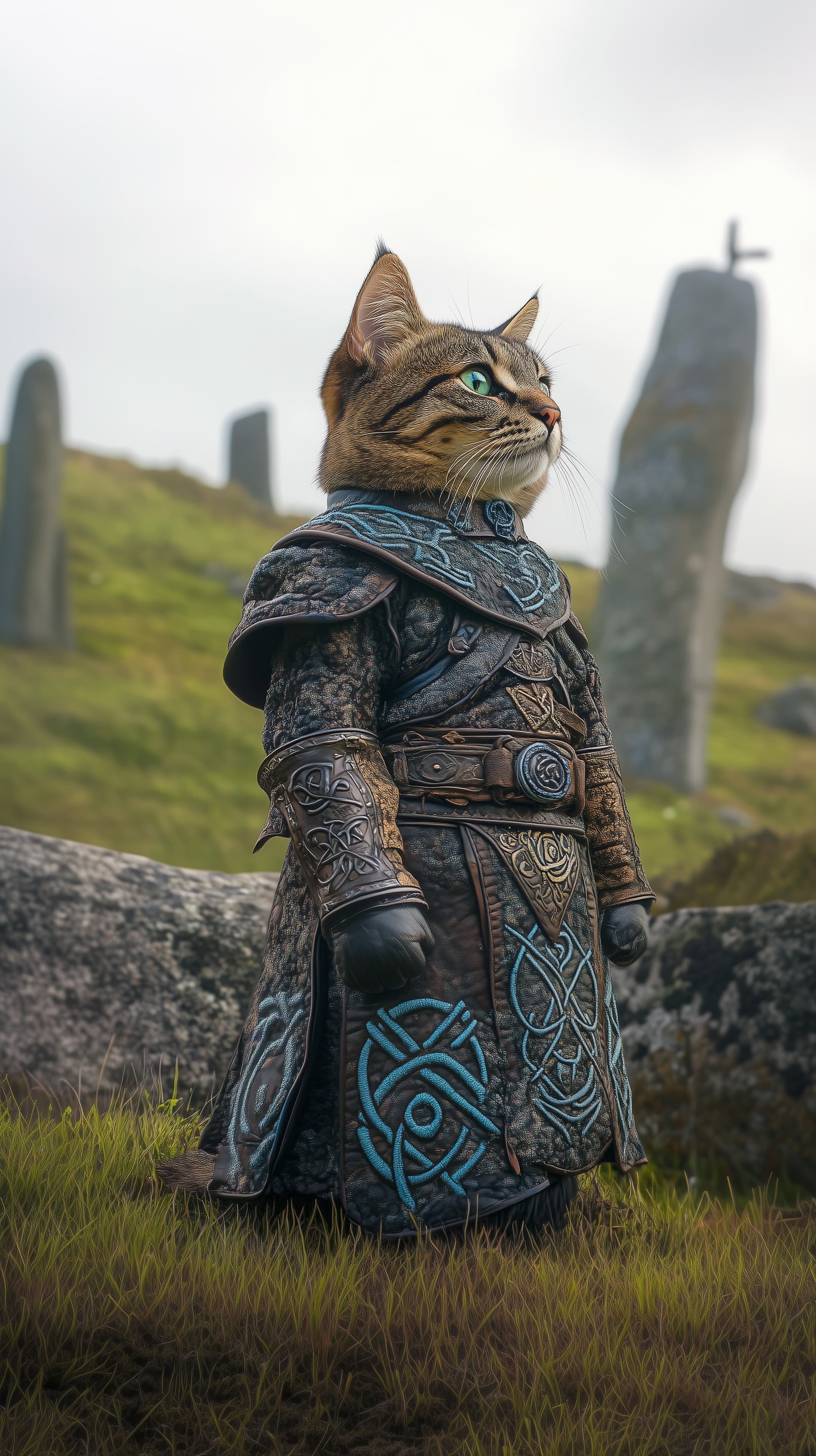 Epic Fantasy Cat Warrior in Ornate Armor Among Standing Stones - High Resolution armor Wallpaper for Mobile and Desktop