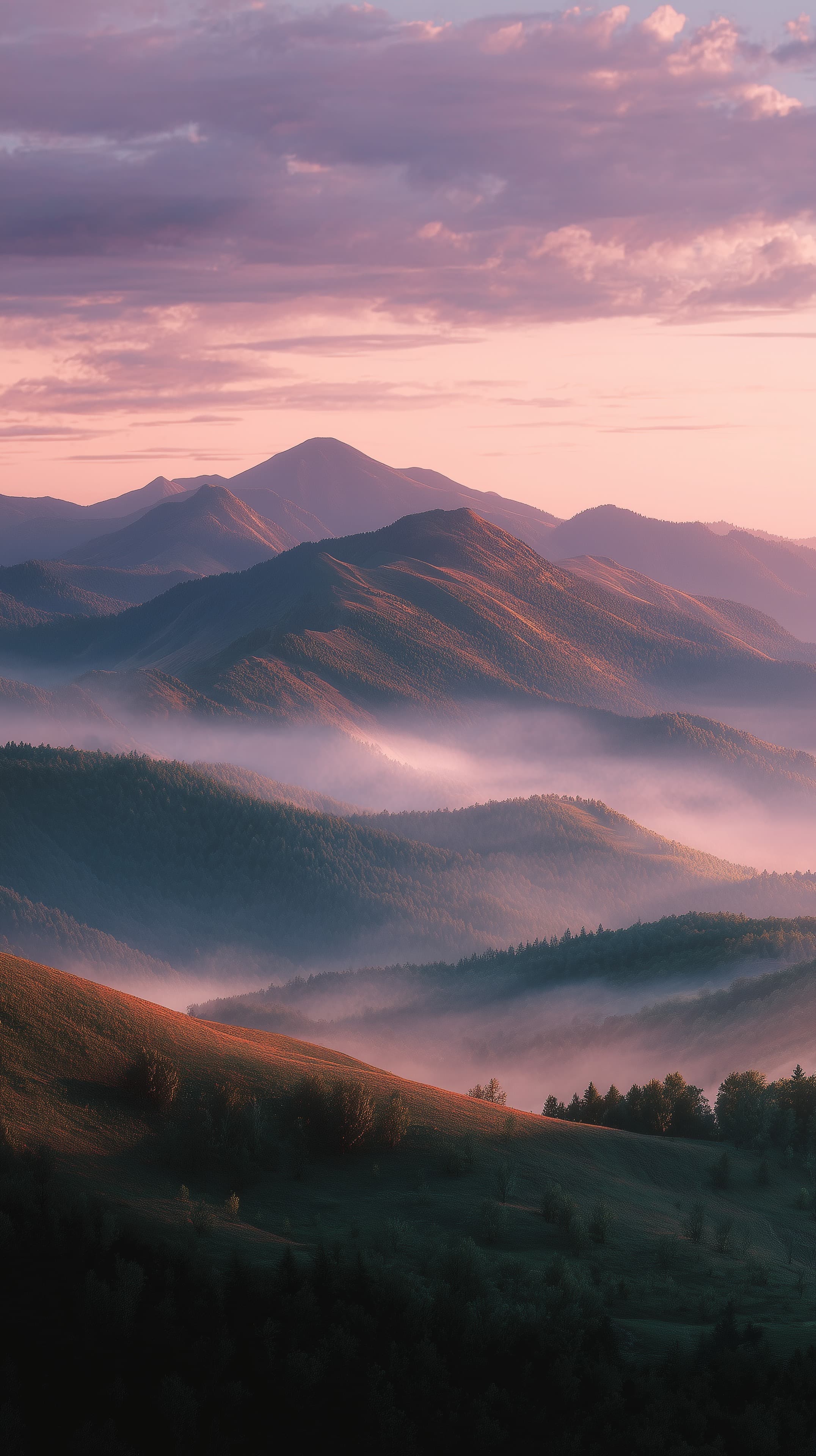 Pastel Sunrise Mist Over Serene Mountain Range at Dawn - High Resolution dawn Wallpaper for Mobile and Desktop