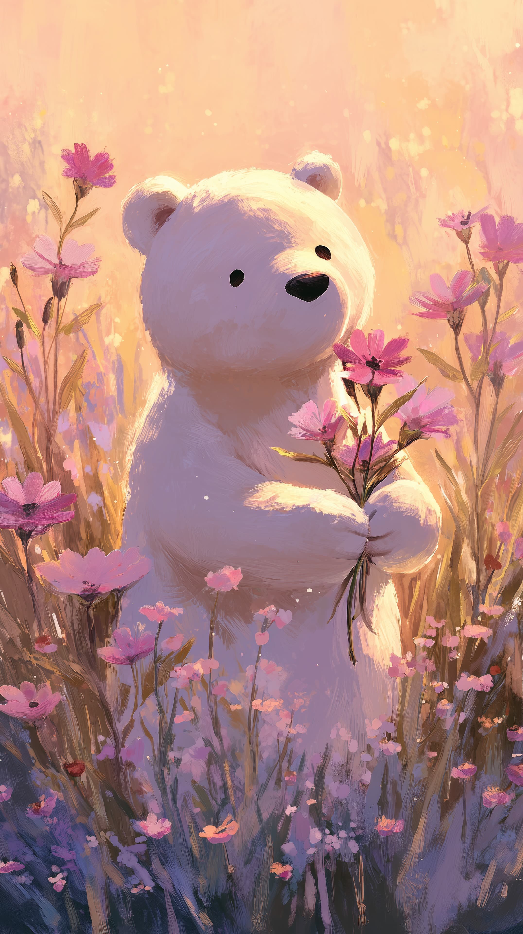 Pastel Bear in a Warm Sunset Field - Floral Wallpaper - High Resolution bear Wallpaper for Mobile and Desktop