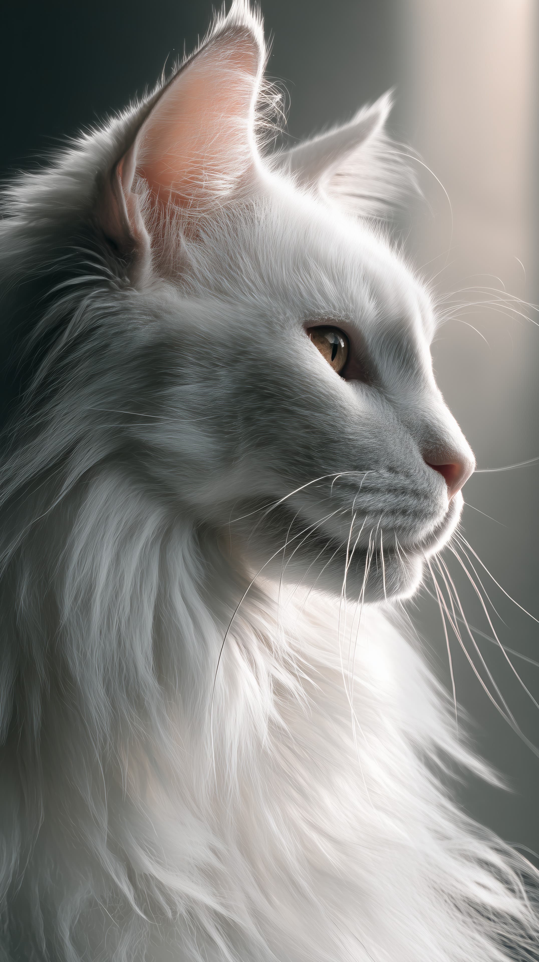 Elegant White Cat Portrait with Soft Lighting and Fluffy Fur - High Resolution animal-art Wallpaper for Mobile and Desktop