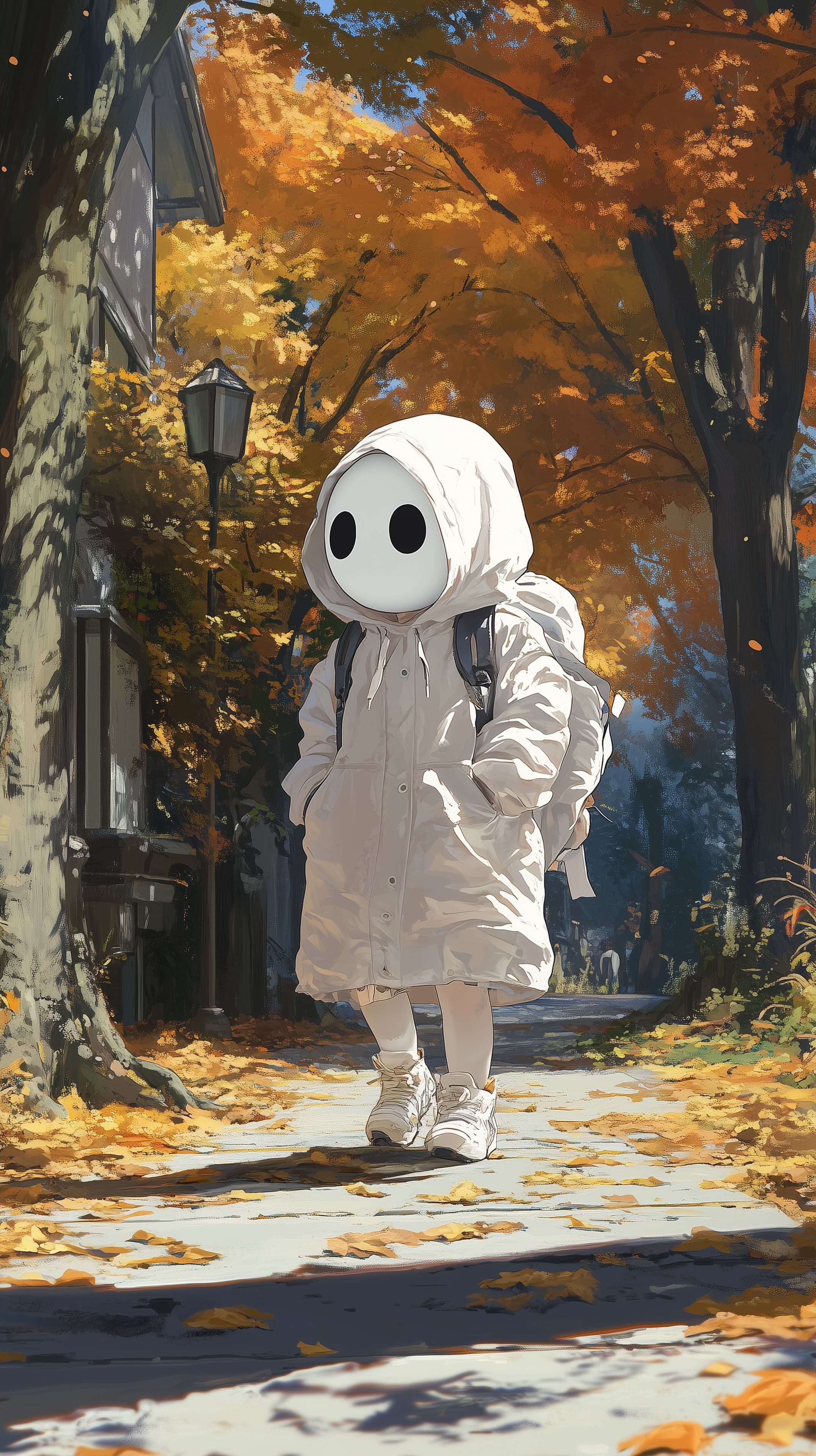 Autumn Street Wanderer in White Hoodie Mask - Dreamy Digital Art - High Resolution autumn Wallpaper for Mobile and Desktop