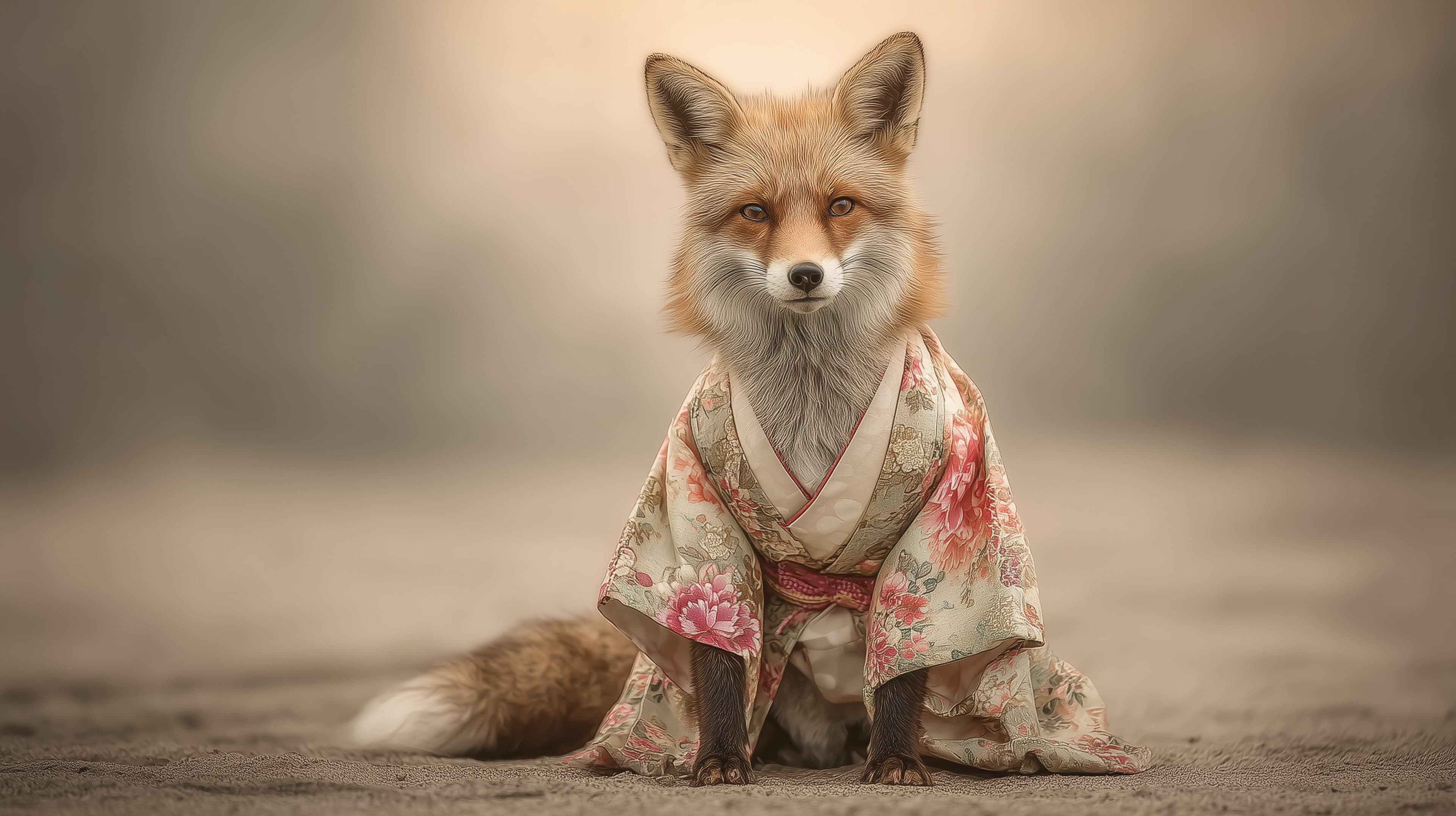 Elegant Floral Kimono Fox Portrait – Soft Dreamy Wallpaper - High Resolution fox Wallpaper for Mobile and Desktop