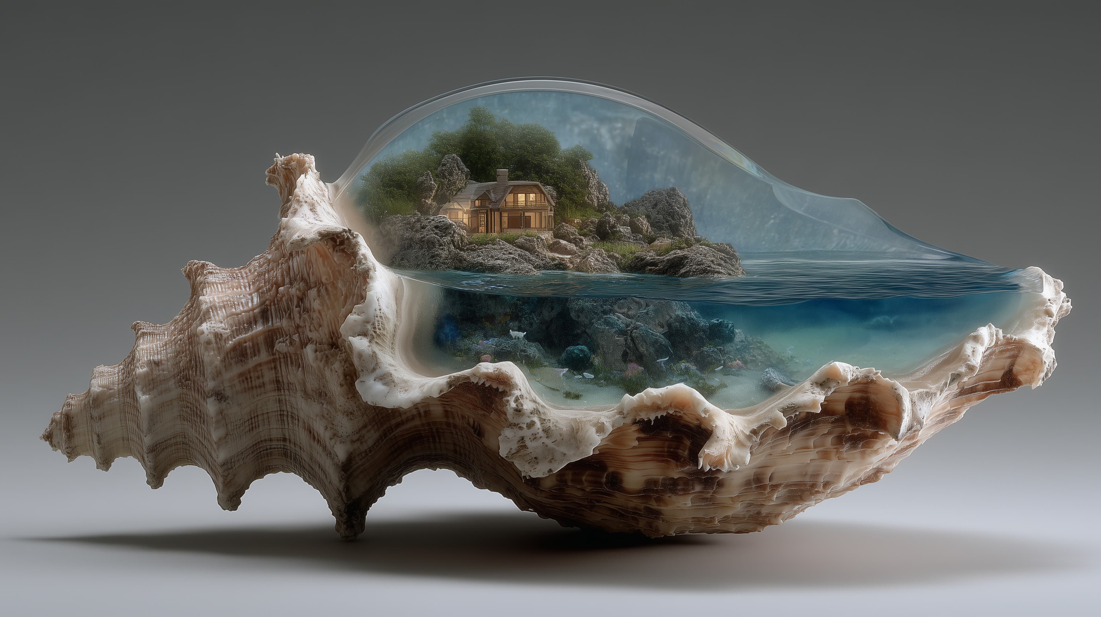 Surreal Shell Landscape: Tiny House Island in a Glass Dome - High Resolution coastal-art Wallpaper for Mobile and Desktop