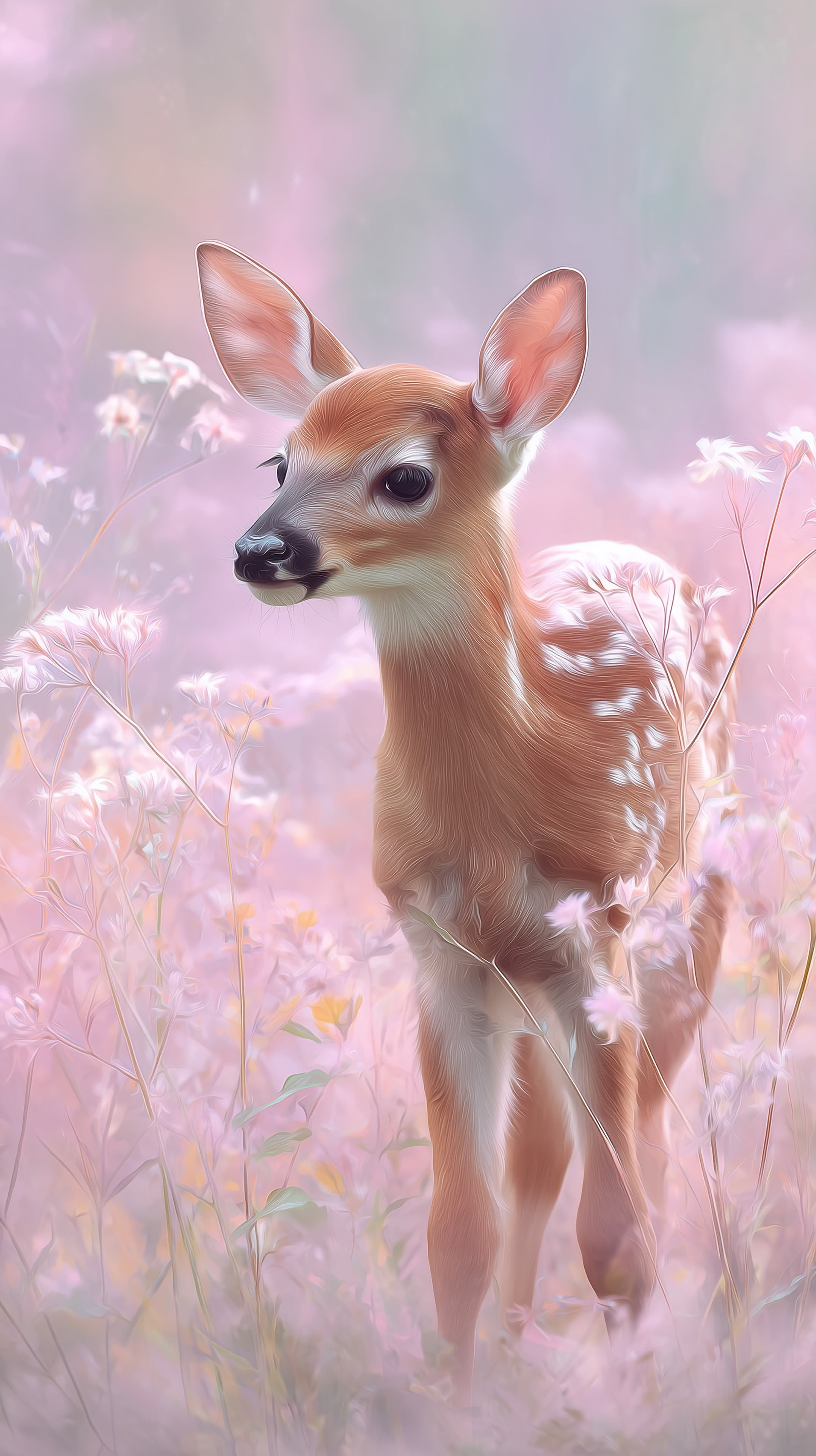 Pastel Dream Fawn in Soft Floral Field Wallpaper Art - High Resolution dreamy Wallpaper for Mobile and Desktop