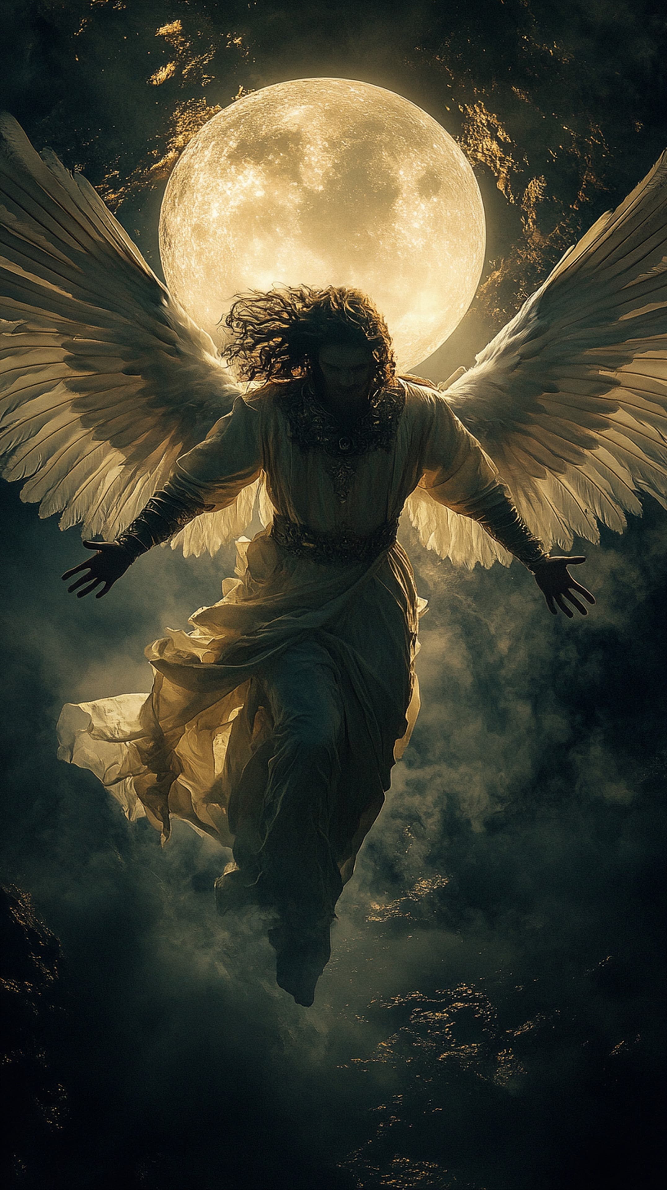 Moonlit Angel Silhouette with Large Wings Sepia Fantasy Wallpaper - High Resolution angel Wallpaper for Mobile and Desktop