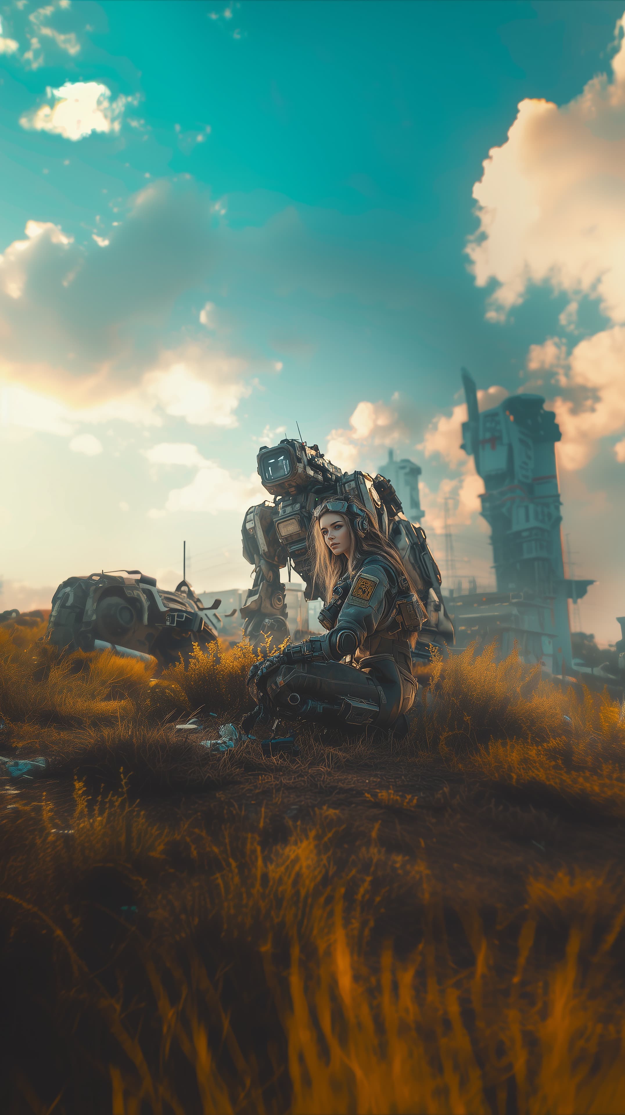 Futuristic Female Soldier and Mech in Sunset Wasteland - High Resolution armor Wallpaper for Mobile and Desktop