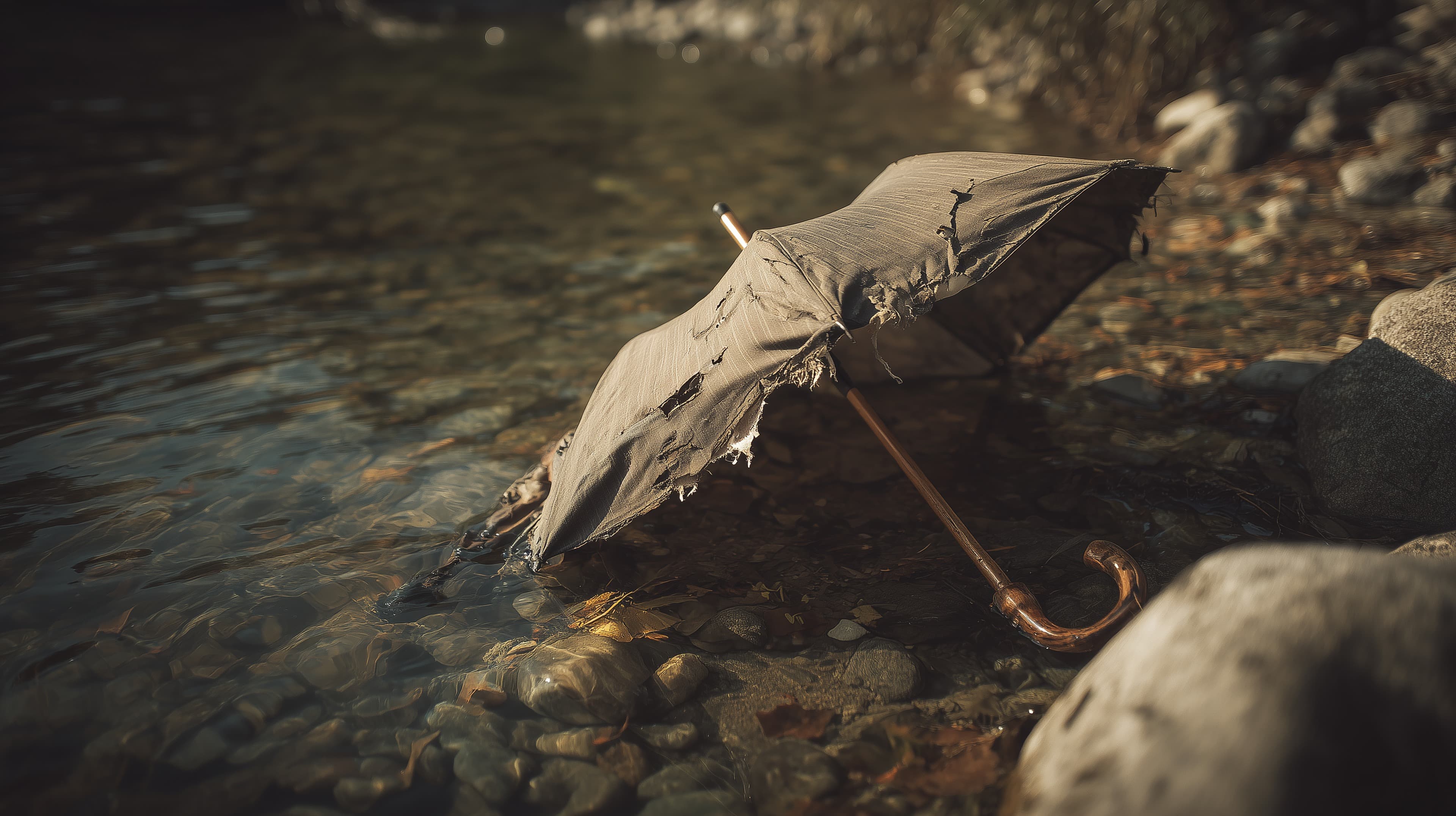 Weathered umbrella by tranquil shoreline at golden dusk - High Resolution weathered-umbrella Wallpaper for Mobile and Desktop