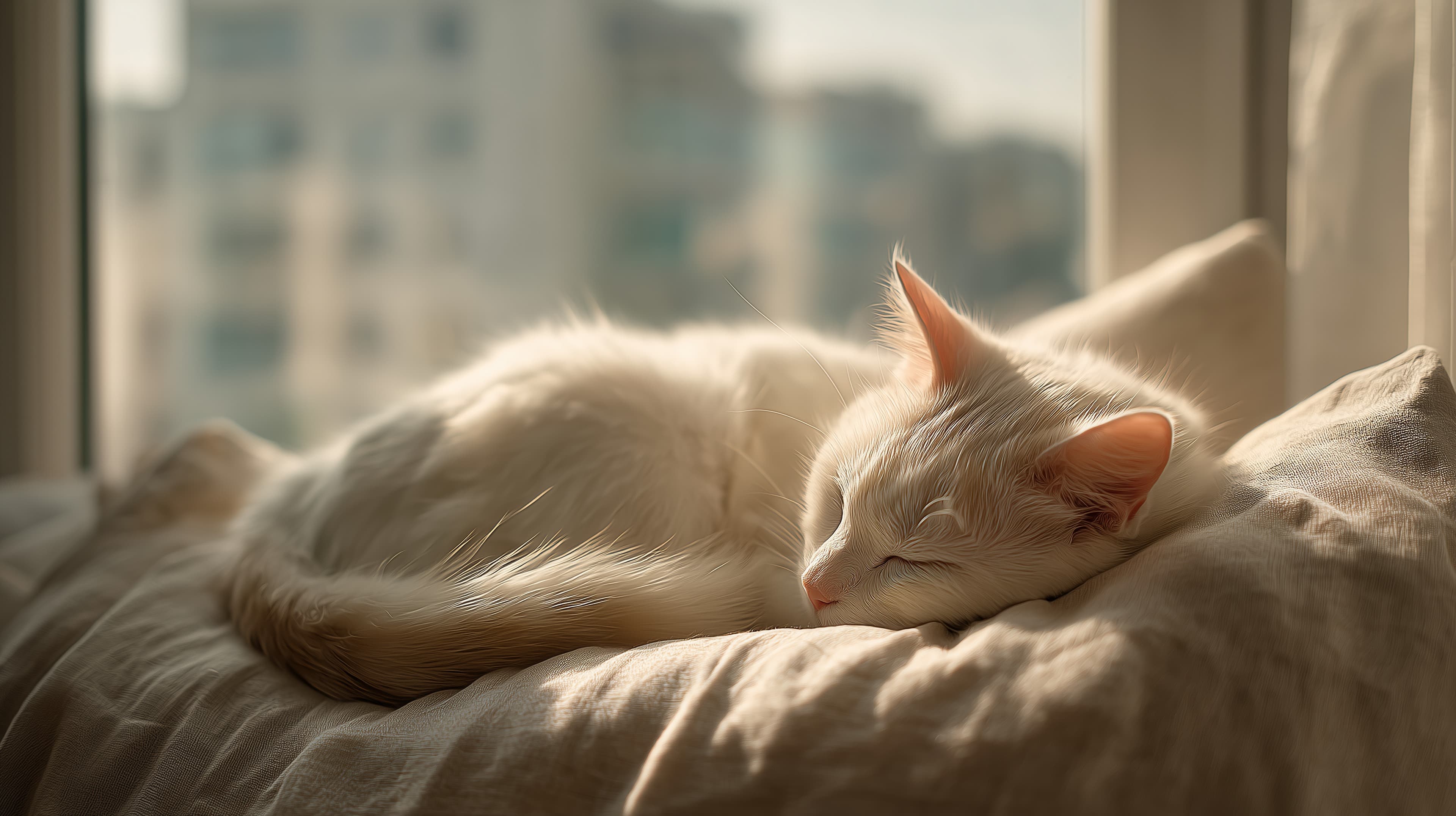 Sunlit White Cat Sleeping by Window – Cozy Home Wallpaper - High Resolution cat Wallpaper for Mobile and Desktop