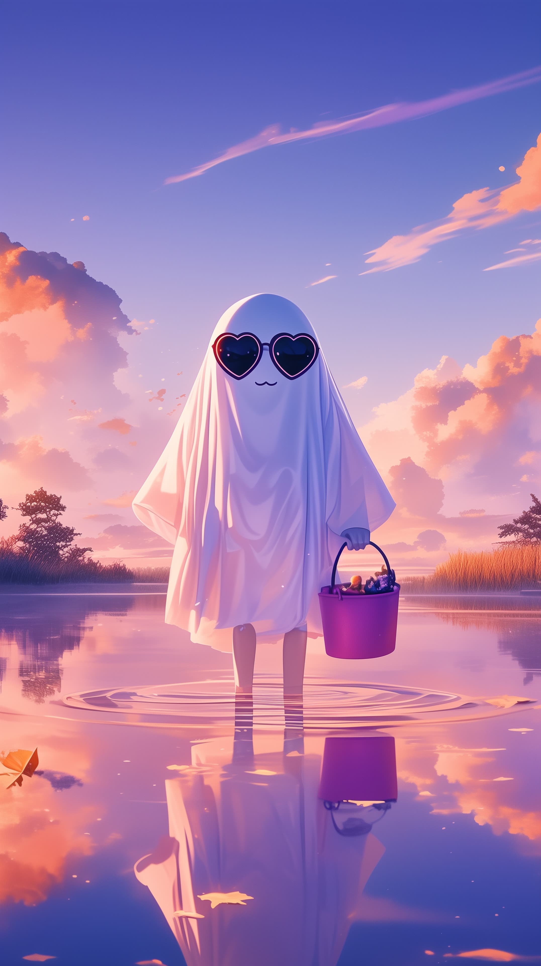 Whimsical Sunset Ghost in Heart Sunglasses - Water Reflection - High Resolution cartoon Wallpaper for Mobile and Desktop