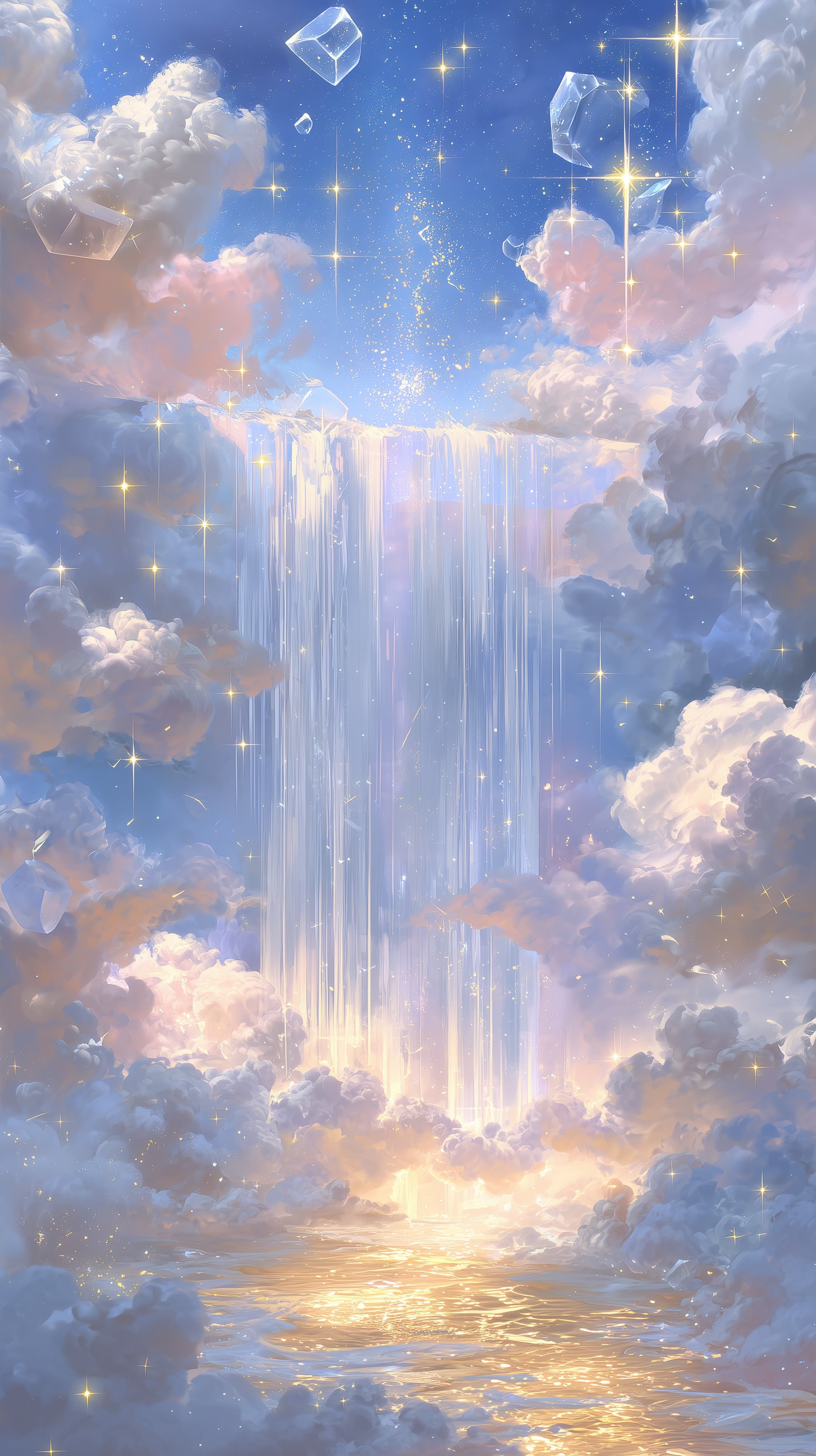 Dreamy Sky Waterfall of Light Fantasy Wallpaper with Clouds - High Resolution celestial-scene Wallpaper for Mobile and Desktop