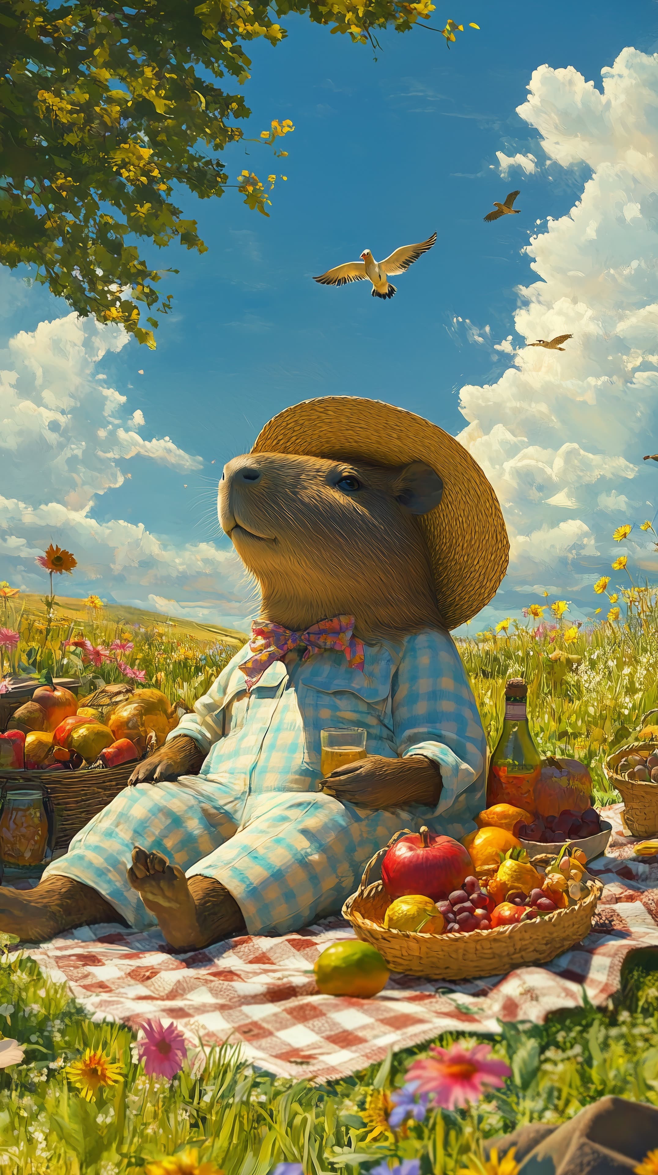 Whimsical Picnic Bear in Sunny Field - Cozy Wallpaper - High Resolution animal-illustration Wallpaper for Mobile and Desktop