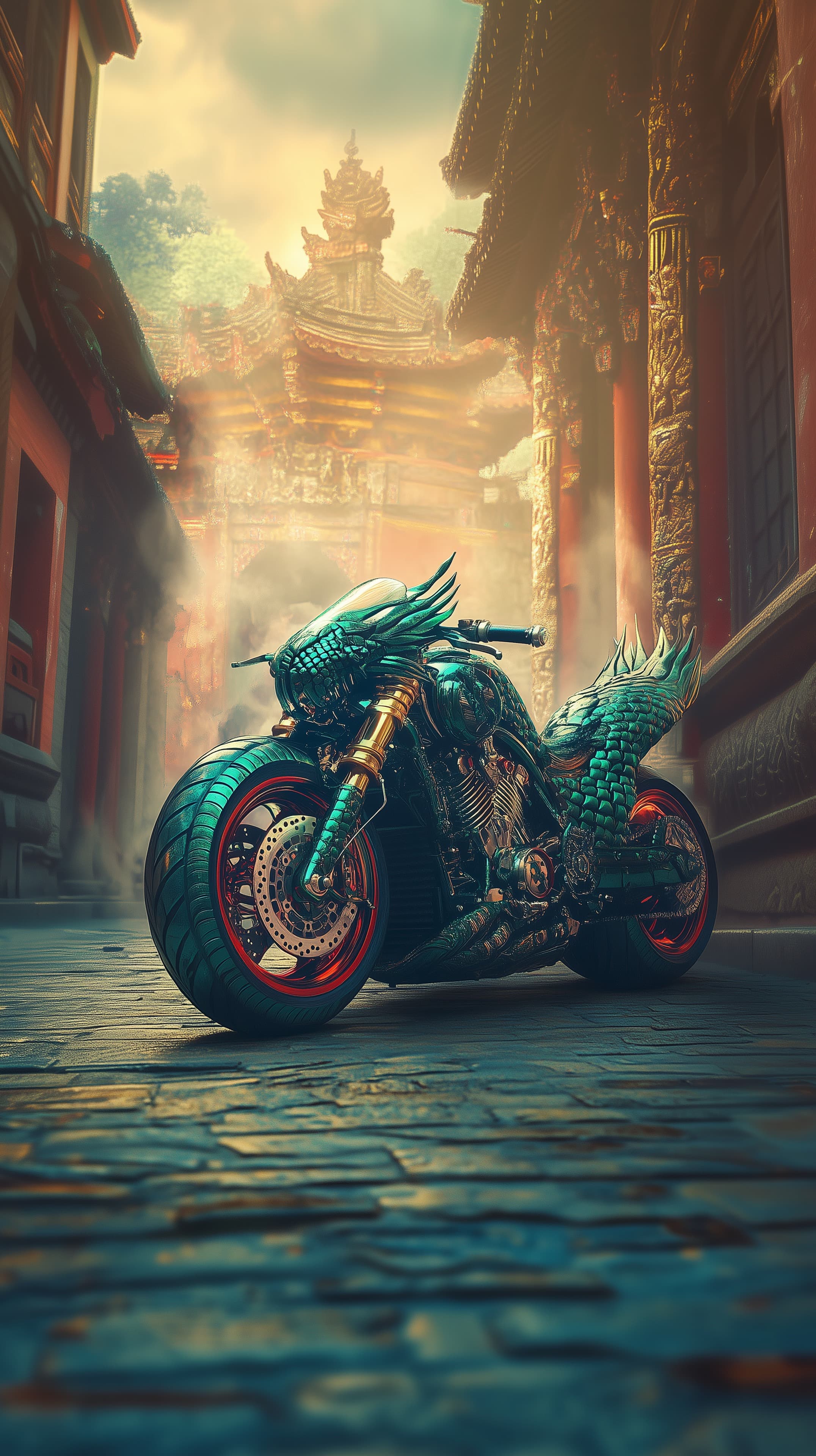 Dragon-Scaled Motorcycle in Twilight Asian Alleyway Dreamscape - High Resolution alleyway Wallpaper for Mobile and Desktop