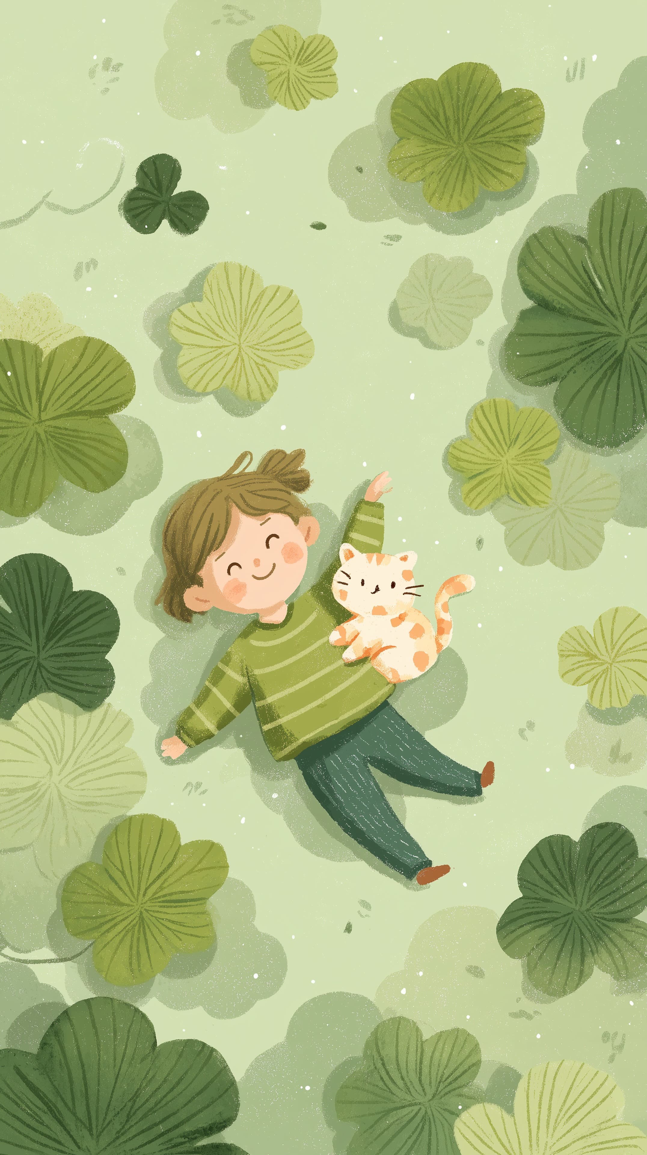 Whimsical Clover Field Wallpaper: Child and Cat in Green - High Resolution cat Wallpaper for Mobile and Desktop
