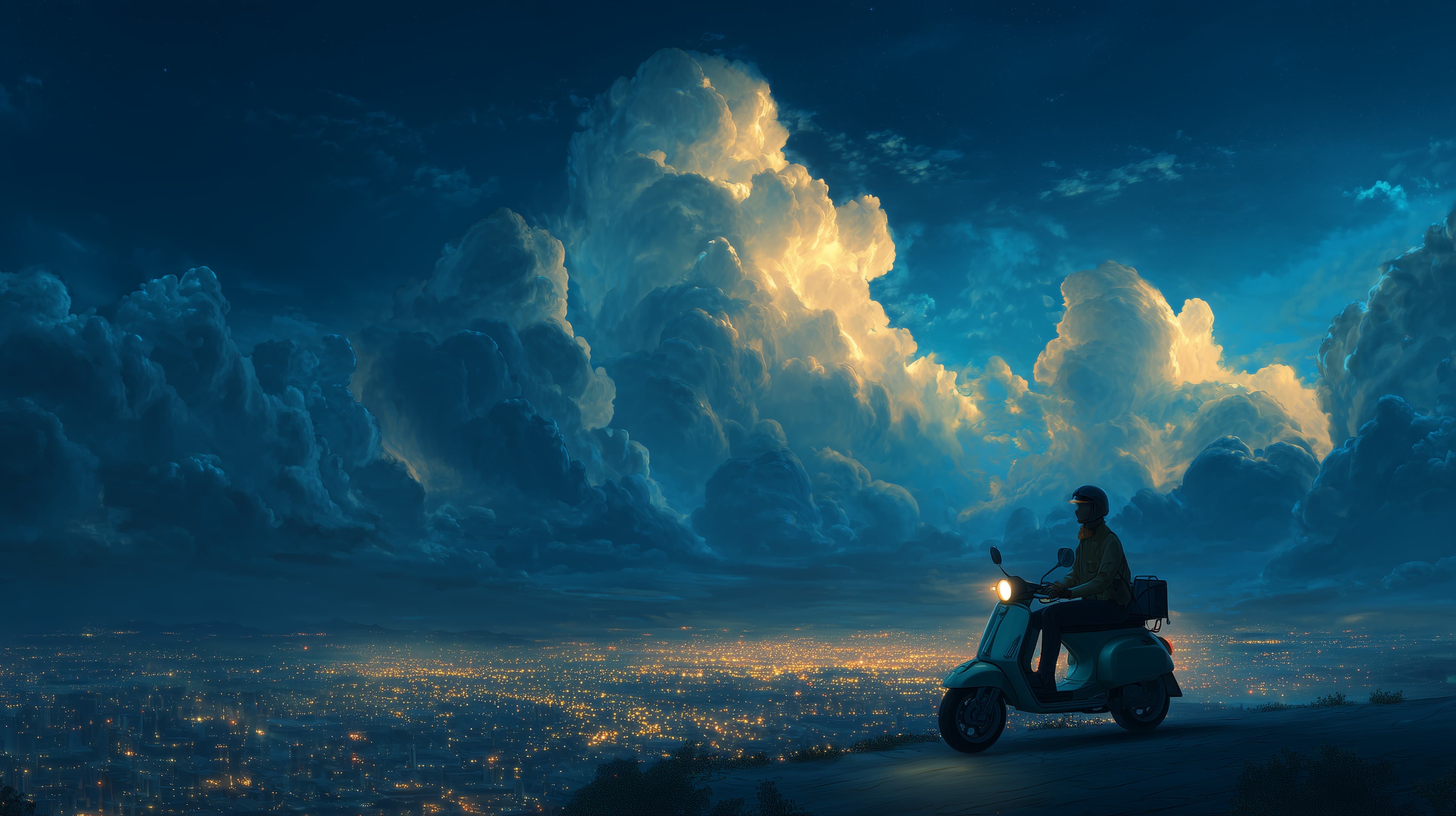 Nocturnal Scooter Ride Over City Lights and Clouds - High Resolution blue-tones Wallpaper for Mobile and Desktop
