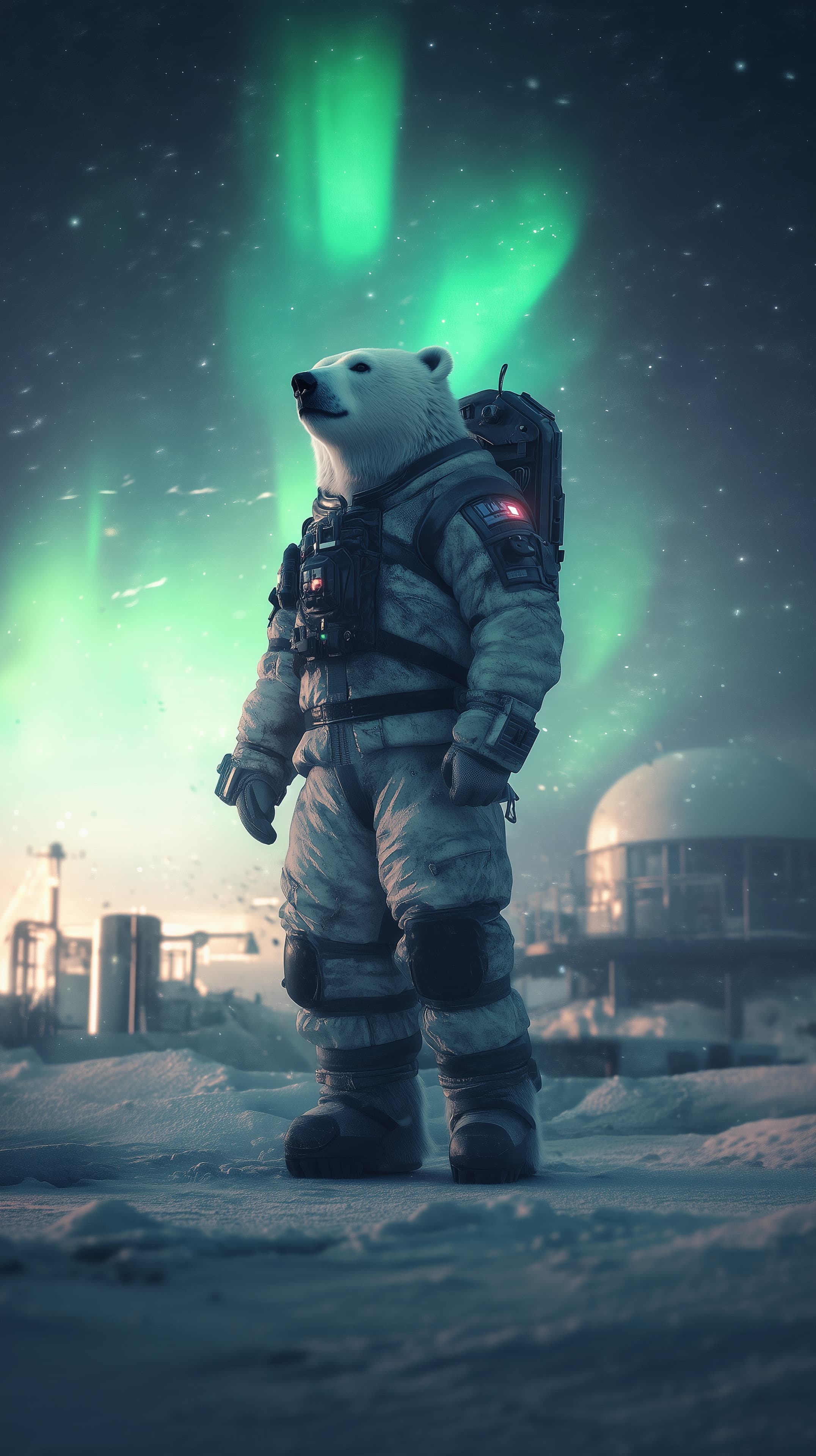Polar Bear Astronaut Stands Under Green Aurora on Snowy Planet - High Resolution astronaut Wallpaper for Mobile and Desktop