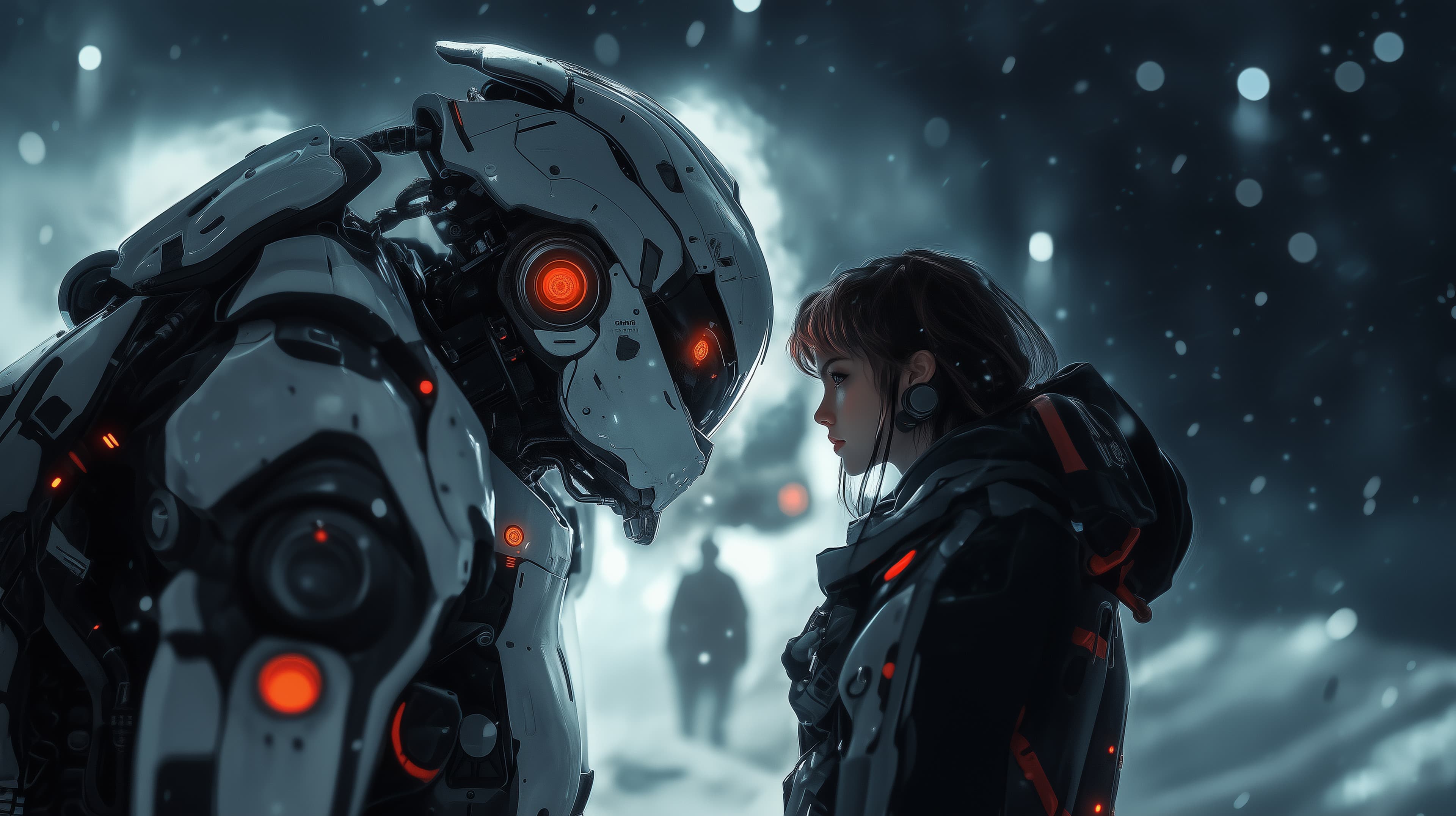 Futuristic Encounter: Android and Explorer Under Neon Snow - High Resolution robot Wallpaper for Mobile and Desktop