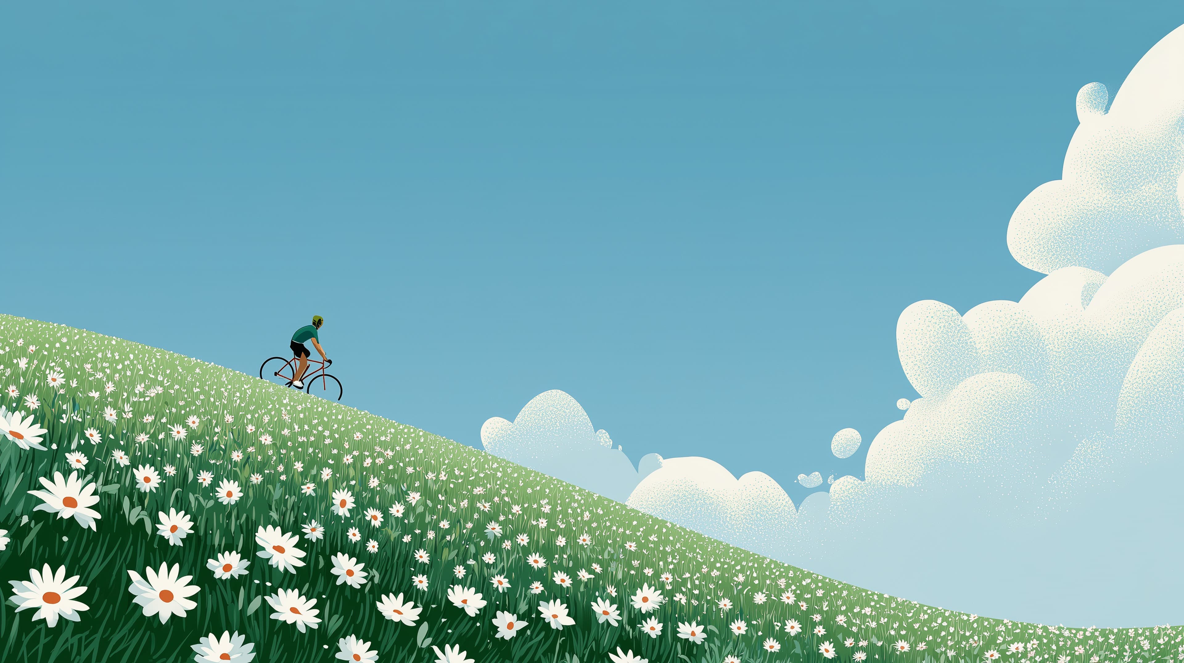 Dreamy hillside bike ride over a daisy field illustration - High Resolution bicycle Wallpaper for Mobile and Desktop
