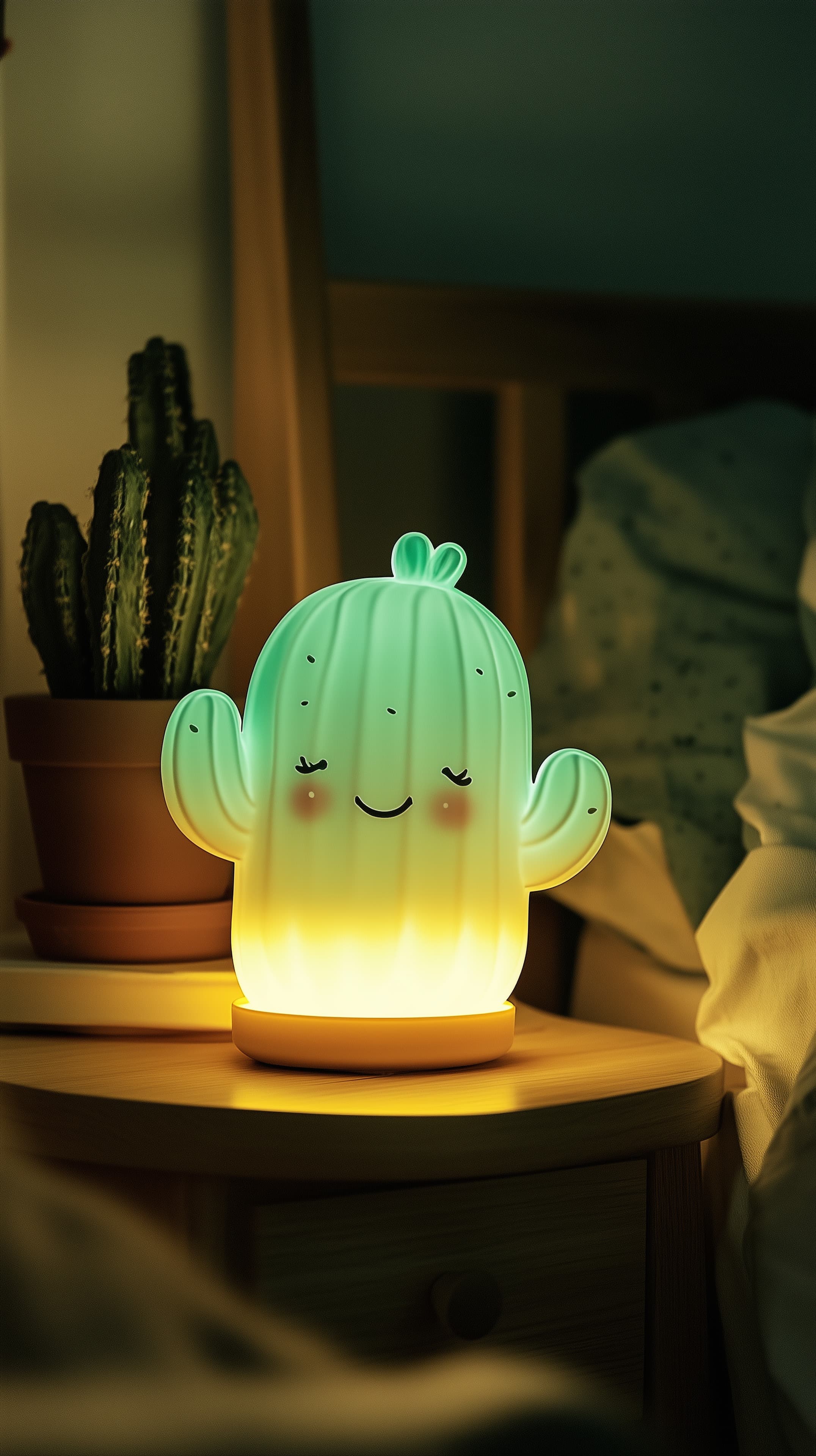 Cute Cactus Night Light with Soft Green Glow for Bedroom - High Resolution ambient-lighting Wallpaper for Mobile and Desktop