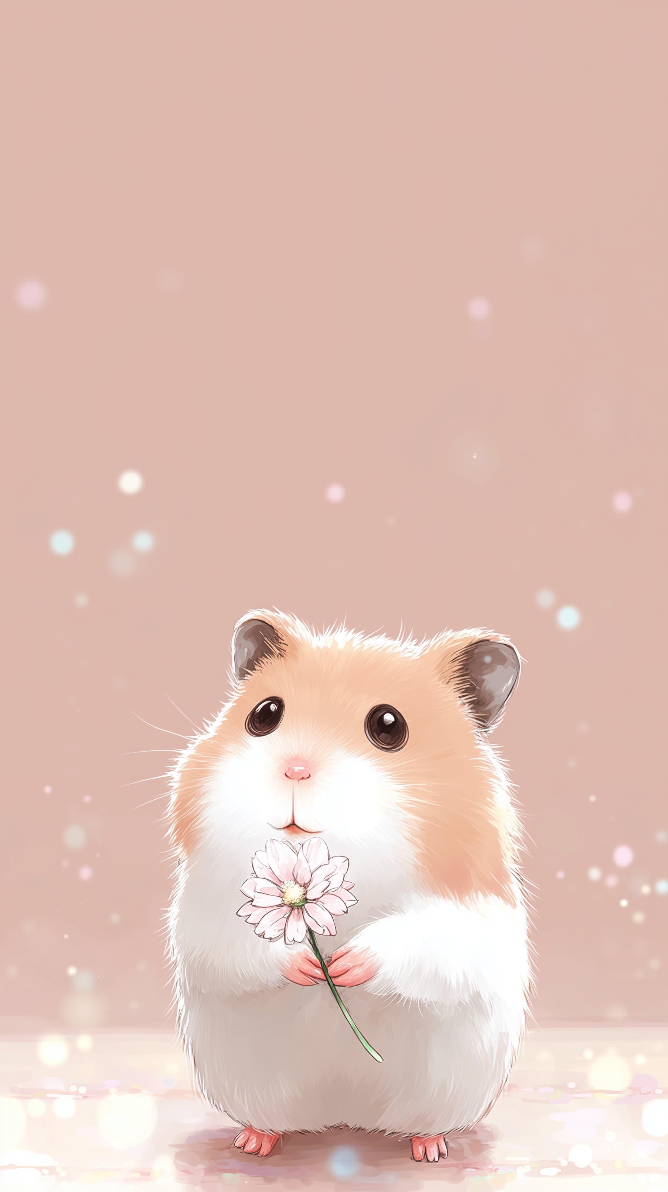 Cute Hamster Holding Flower in Soft Pink Digital Wallpaper - High Resolution animal-illustration Wallpaper for Mobile and Desktop