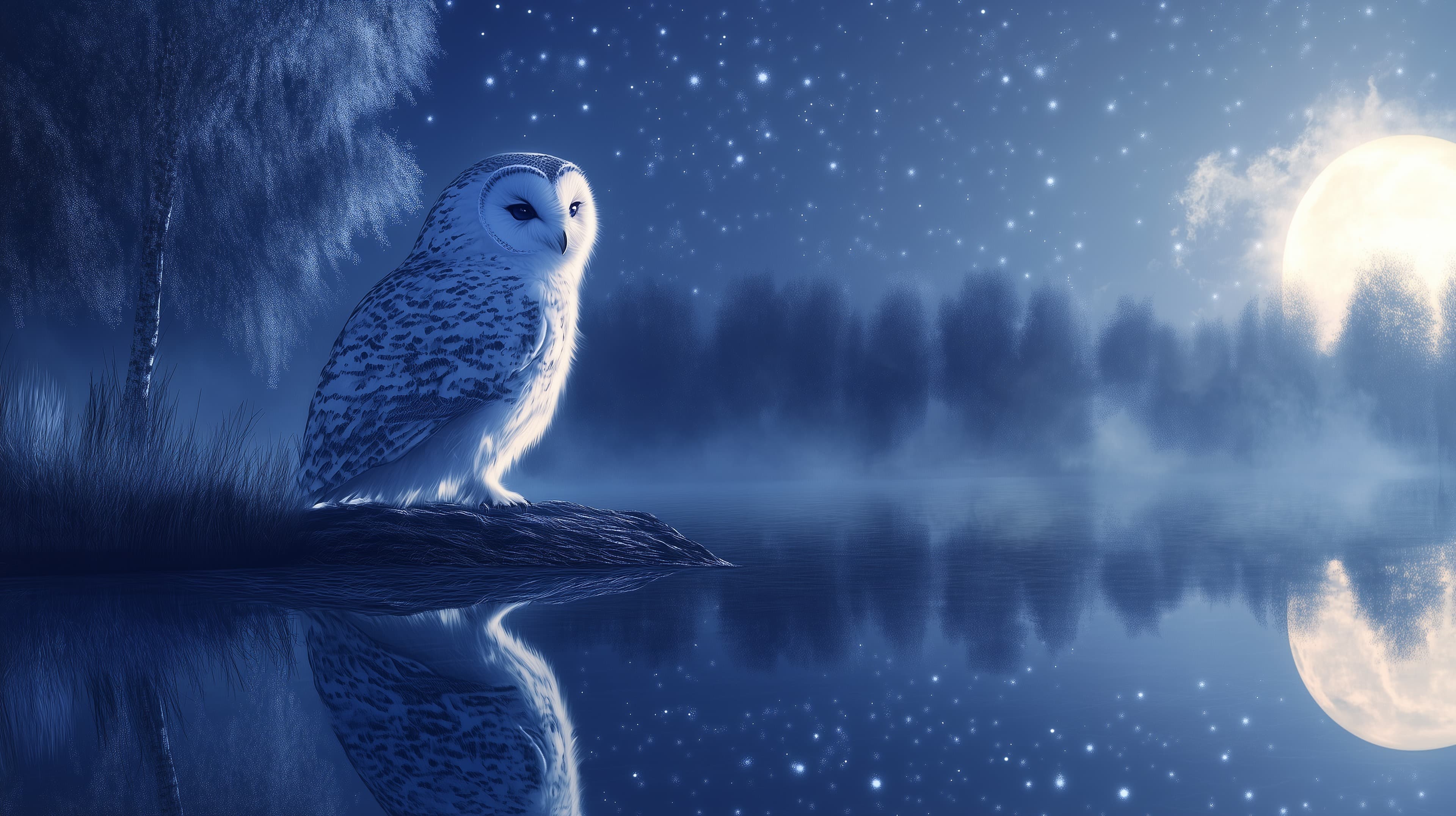 Moonlit Night Owl Portrait Over a Calm Lake - Blue Dream Wallpaper - High Resolution blue-wallpaper Wallpaper for Mobile and Desktop
