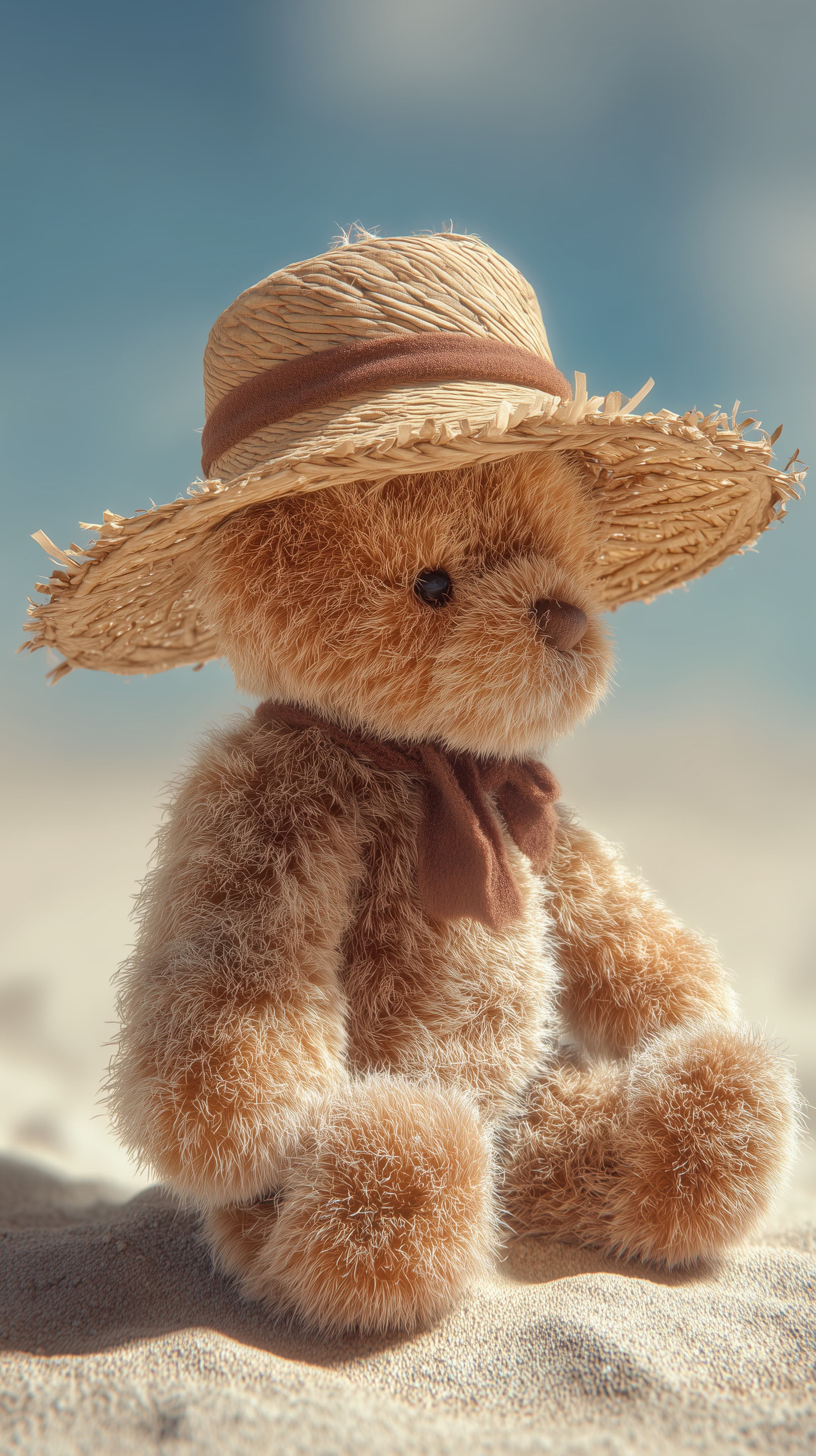 Cozy Beach Teddy Bear in Straw Hat - Soft Toy Wallpaper - High Resolution beach-scene Wallpaper for Mobile and Desktop