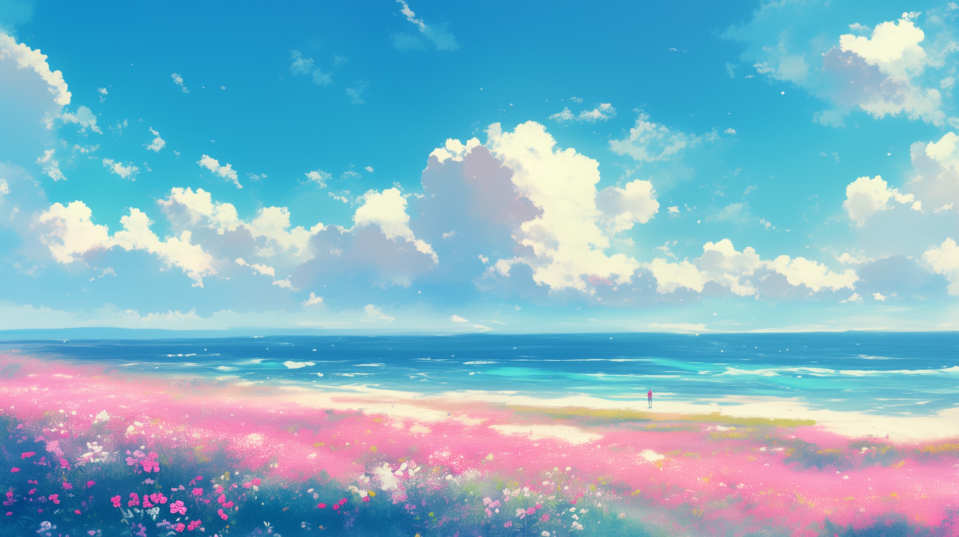 Vibrant Beach Panorama with Pink Flower Field Dreamy Coastal Scene - High Resolution beach Wallpaper for Mobile and Desktop