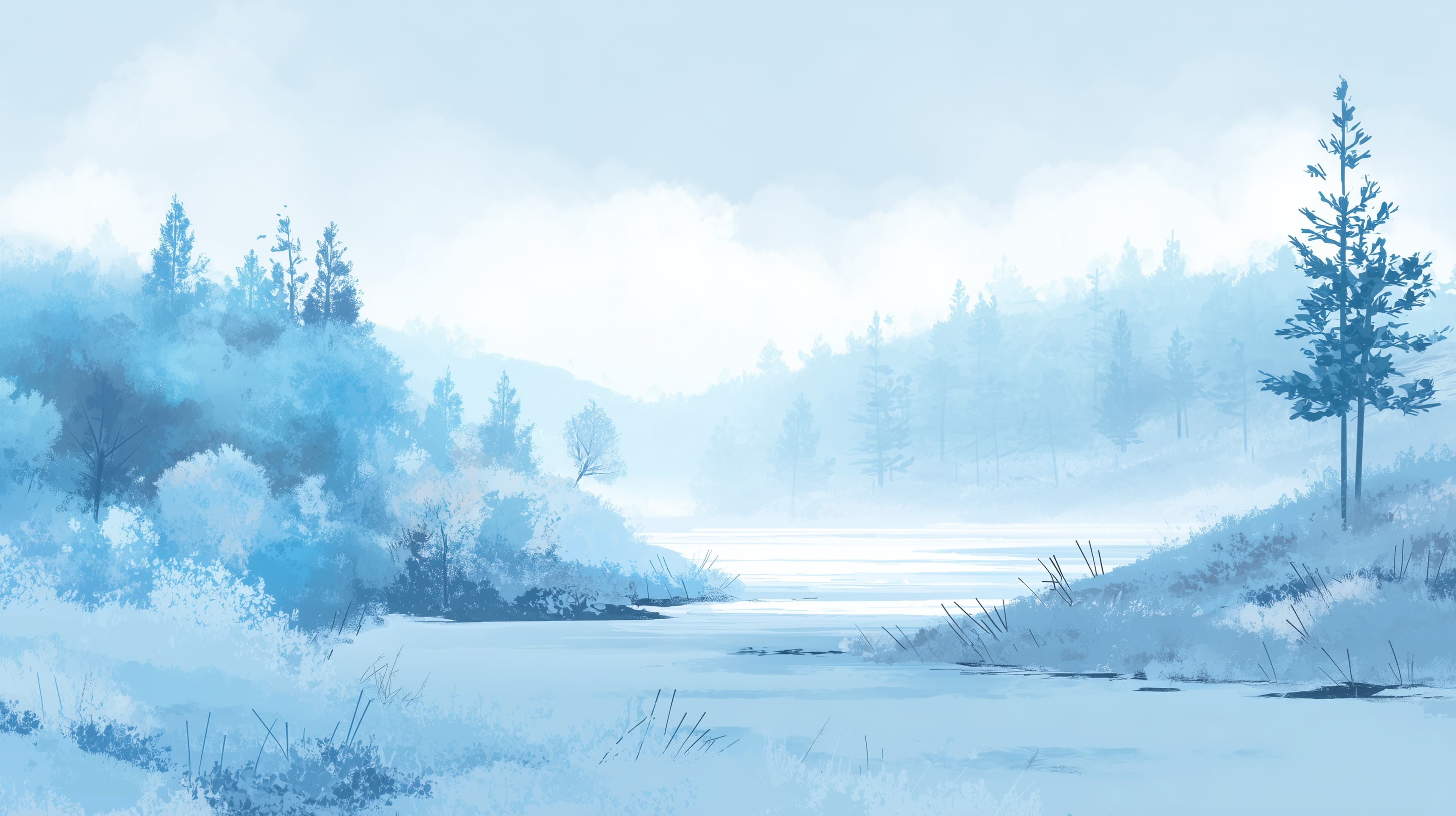 Calm Winter Forest Landscape in Blue Tones — Digital Painting - High Resolution blue Wallpaper for Mobile and Desktop