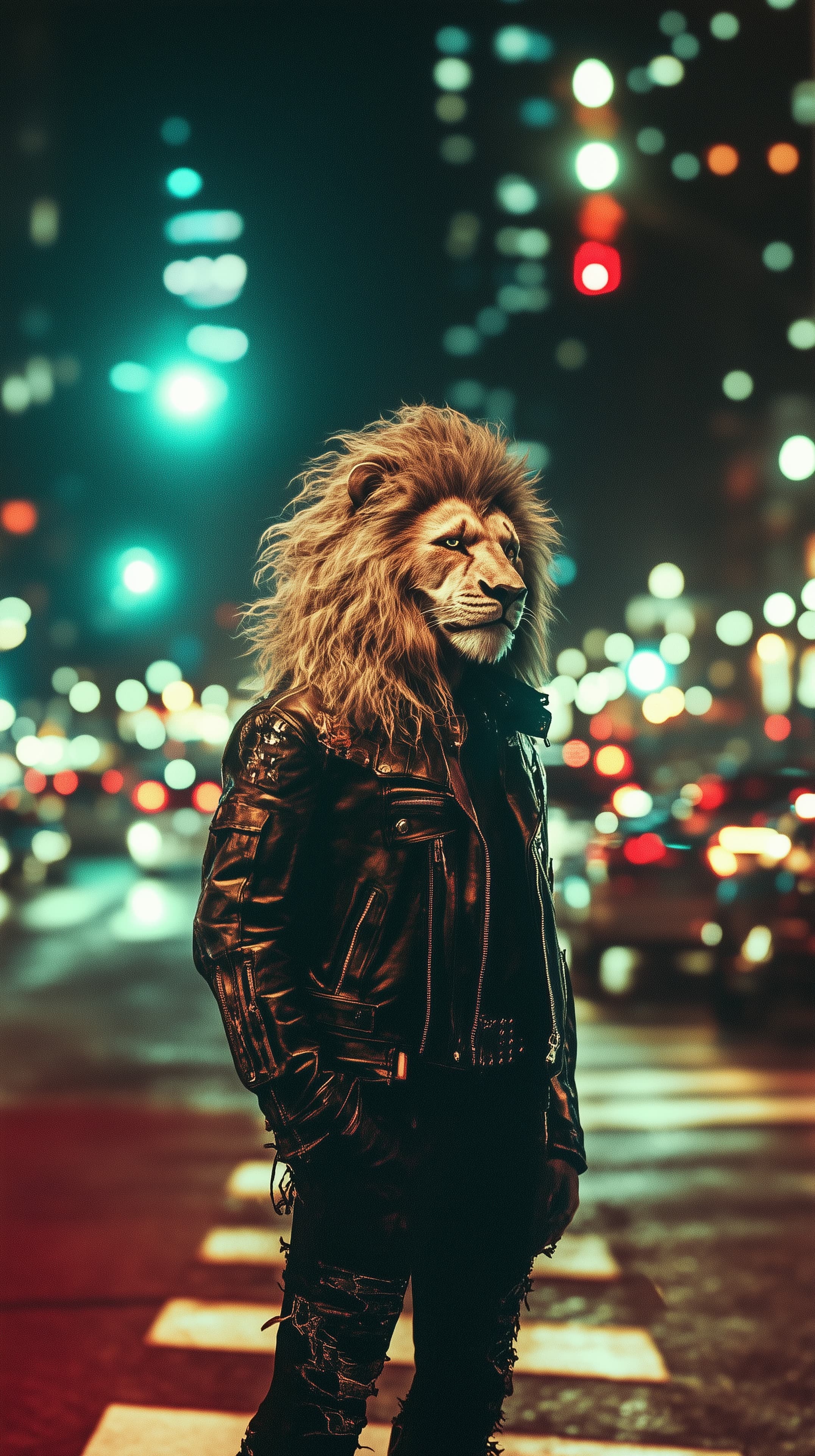 Urban Night Lion: Leather Jacket Portrait in Neon City - High Resolution anthropomorphic-character Wallpaper for Mobile and Desktop