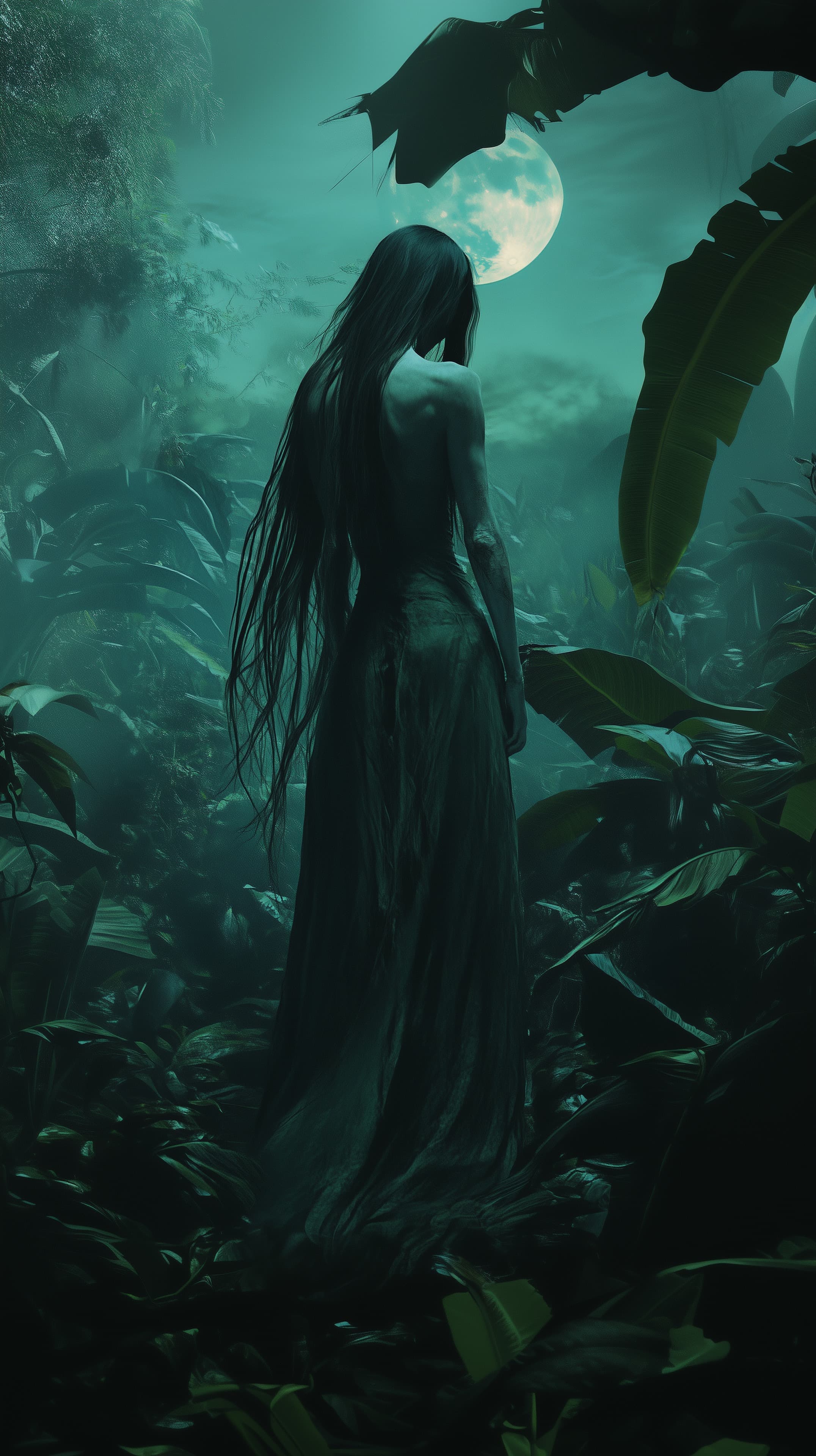Moonlit Jungle Mystic: Ethereal Silhouette in Teal Haze - High Resolution dreamlike Wallpaper for Mobile and Desktop