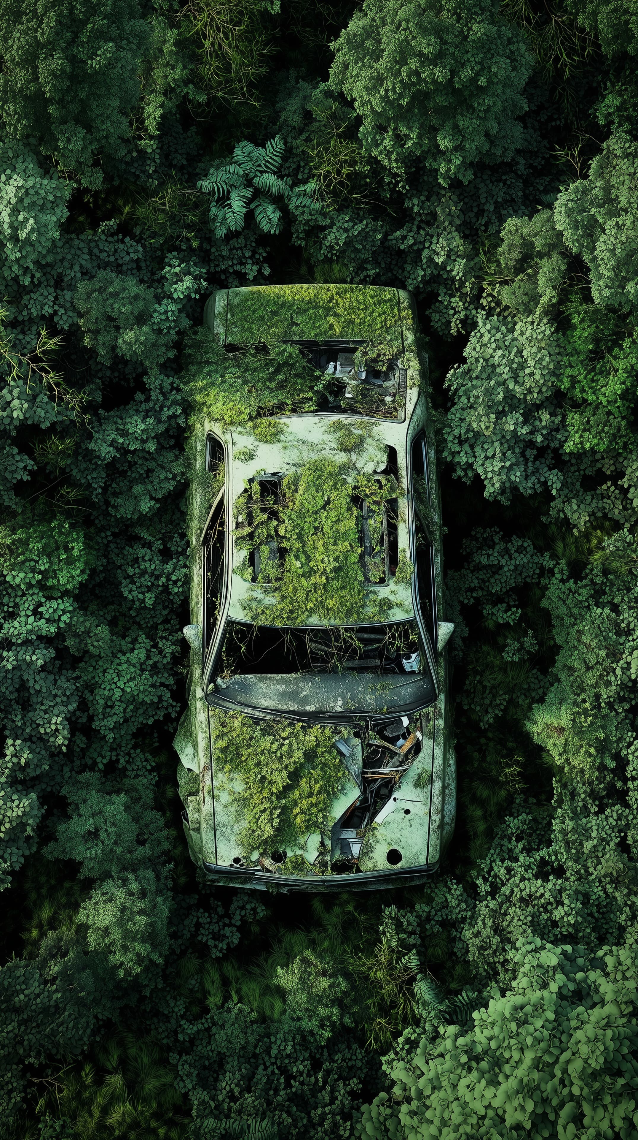 Overgrown Car in Lush Forest: Mossy Vintage Vehicle - High Resolution abandoned-car Wallpaper for Mobile and Desktop