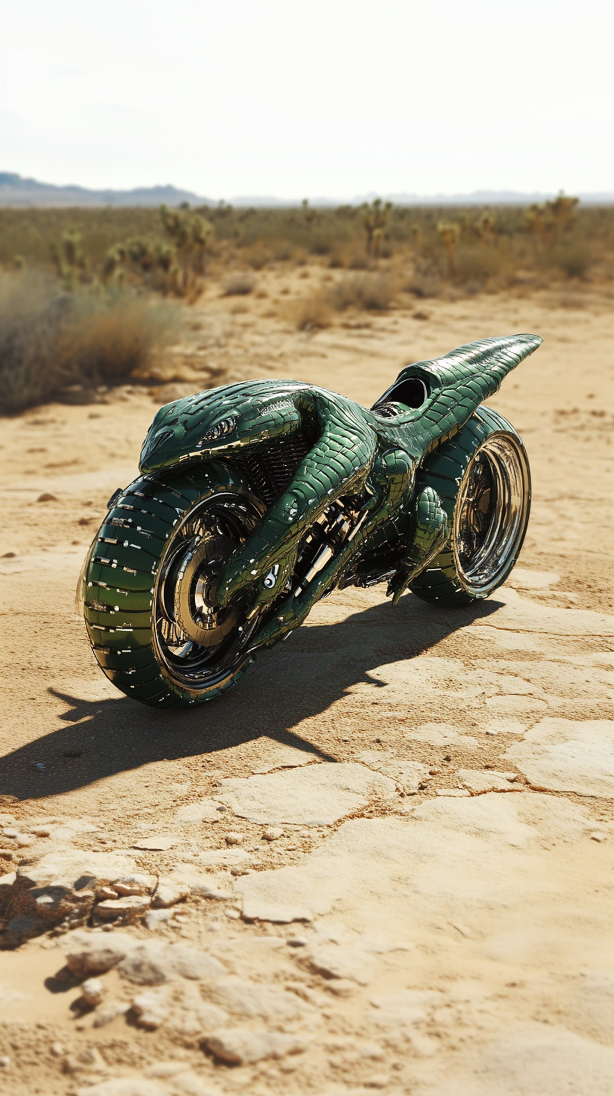 Desert Mirage: A Sleek Green Concept Motorcycle in Dunes - High Resolution desert Wallpaper for Mobile and Desktop