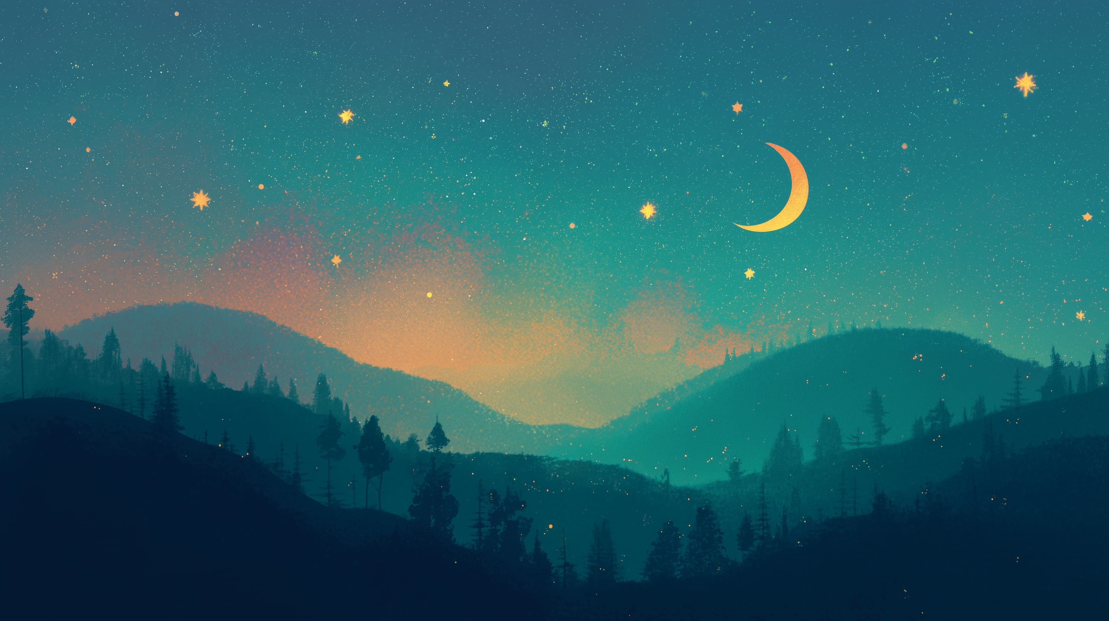 Dreamy Night Landscape with Crescent Moon and Stars - High Resolution crescent-moon Wallpaper for Mobile and Desktop