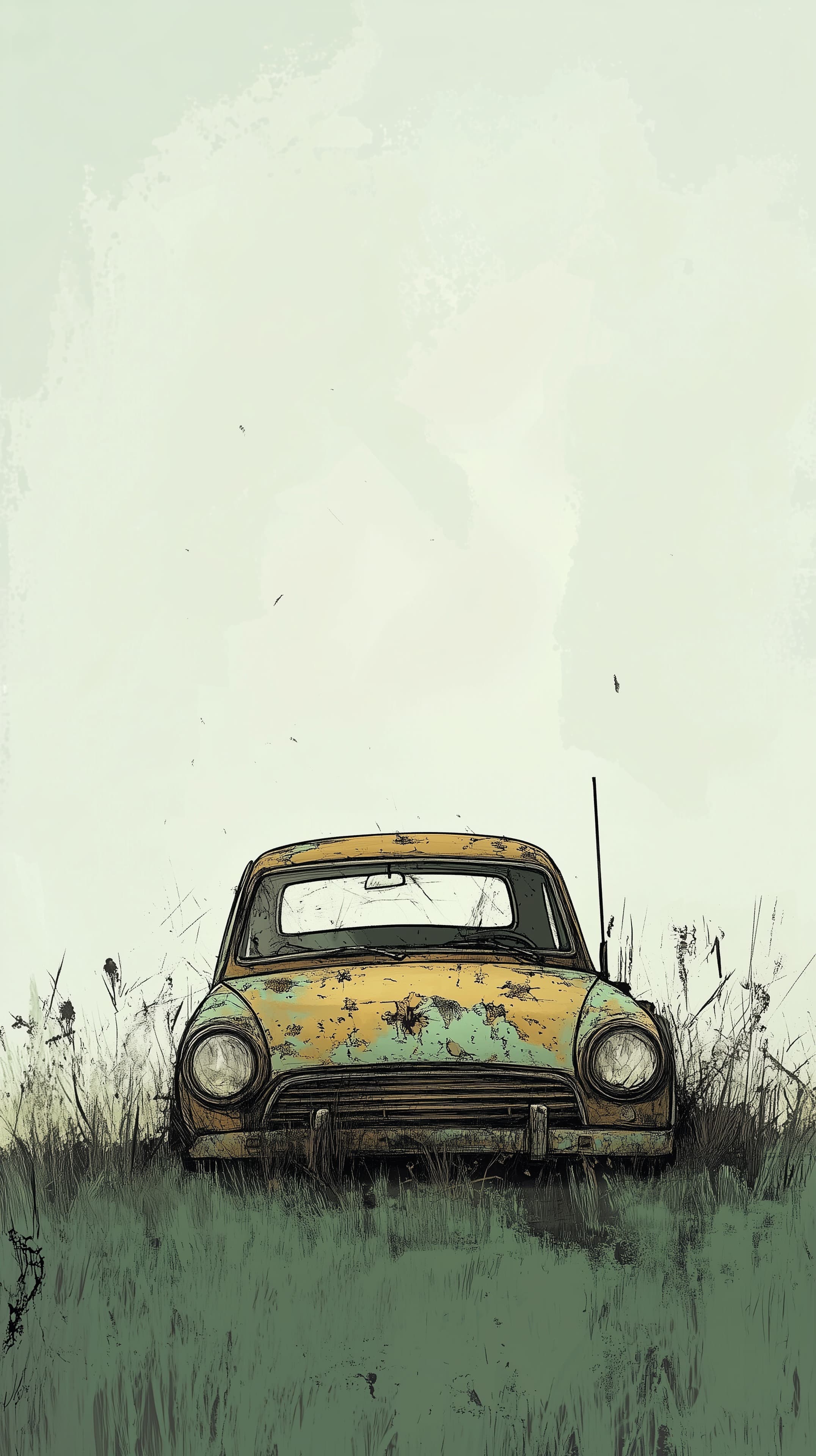 Vintage Rusted Car in Overgrown Field — Artistic Illustration - High Resolution abandoned-vehicle Wallpaper for Mobile and Desktop
