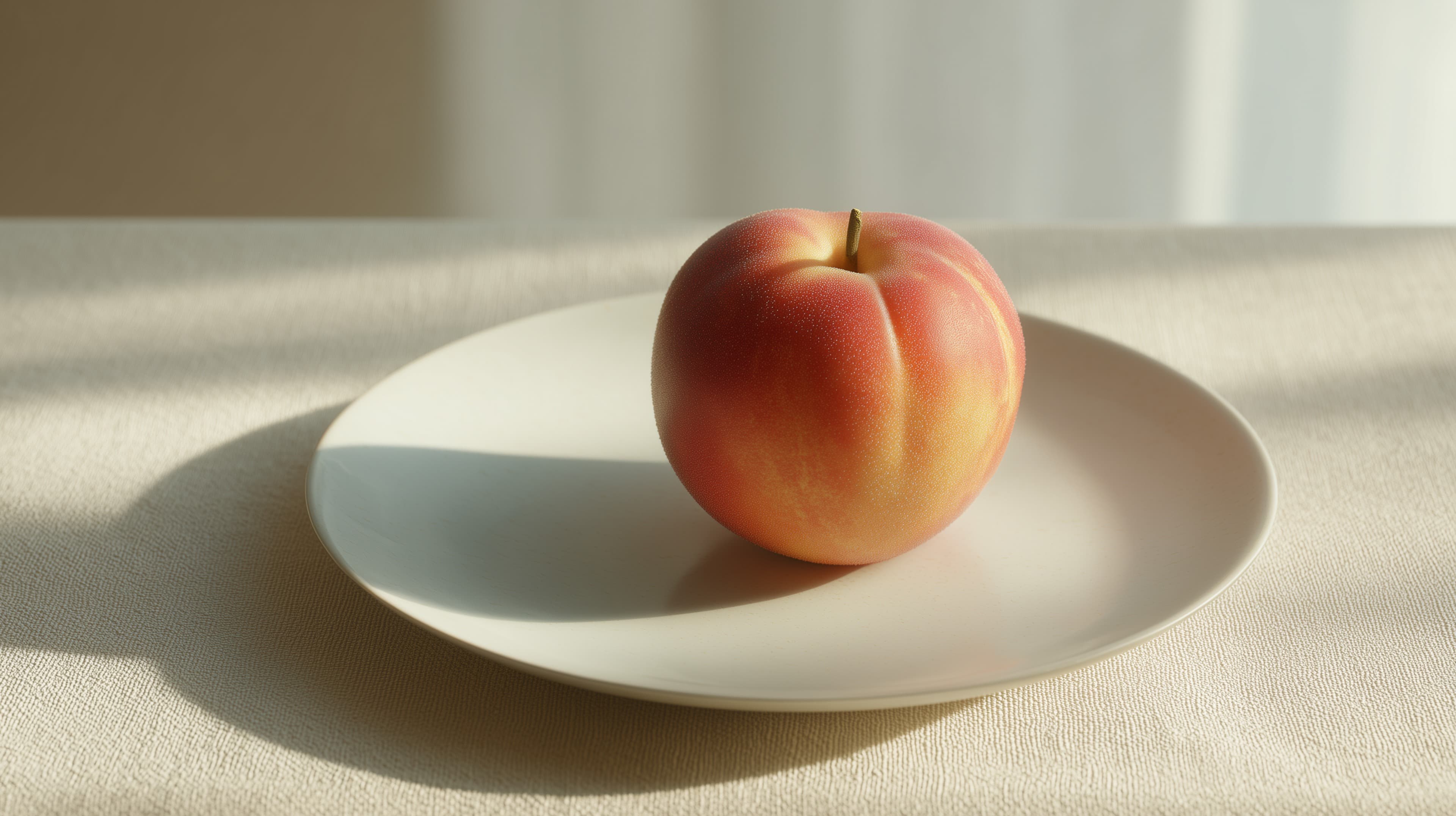 Soft Morning Peach on White Plate - Minimal Still Life Wallpaper - High Resolution peach Wallpaper for Mobile and Desktop