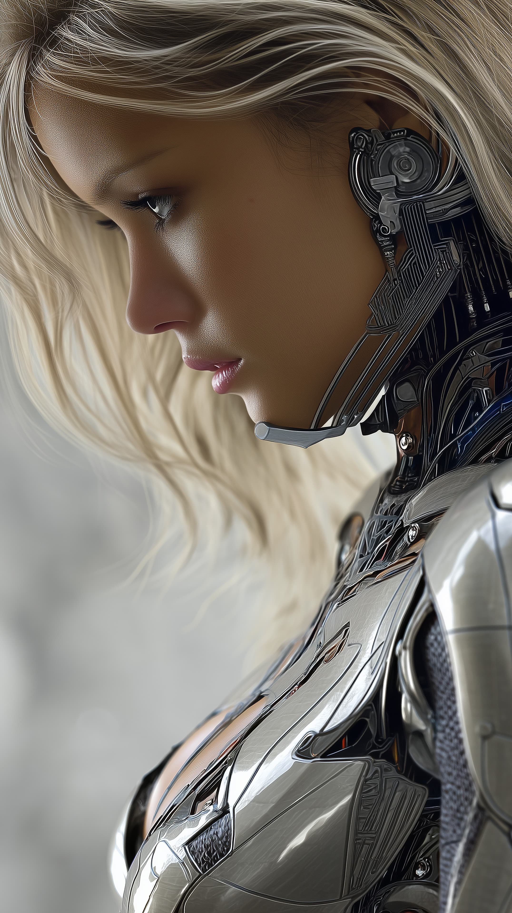Futuristic Cyborg Portrait: Sleek Metal Armor & Human Profile - High Resolution cyberpunk Wallpaper for Mobile and Desktop