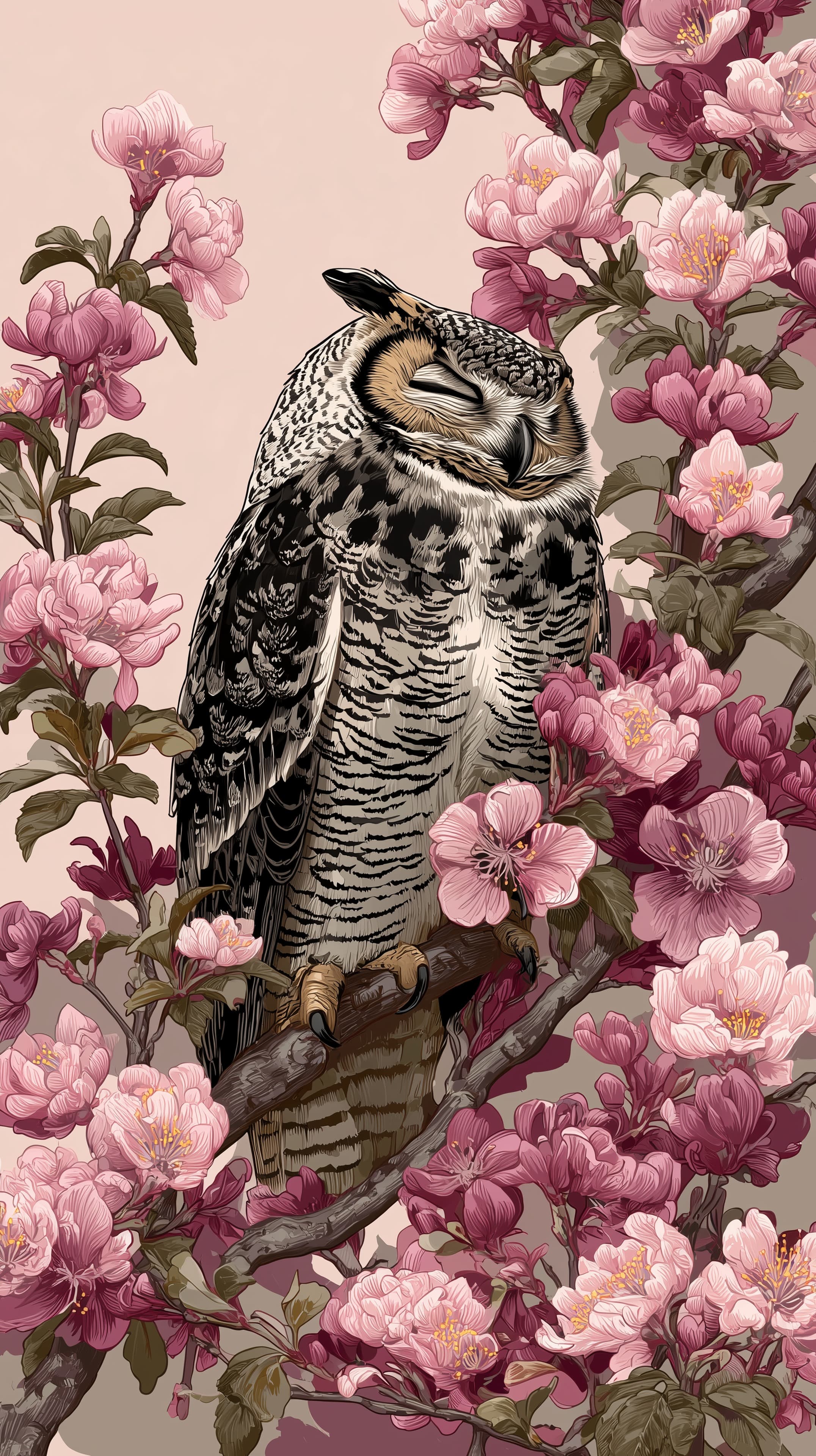 Illustrated Owl on Blooming Pink Flowers Wallpaper - High Resolution art Wallpaper for Mobile and Desktop