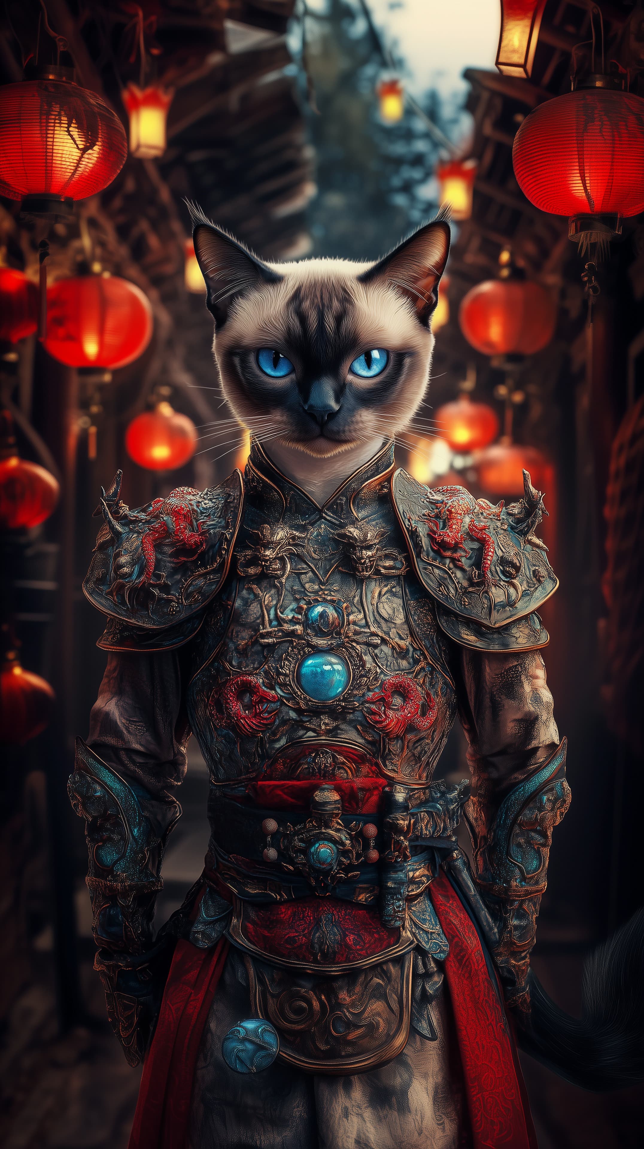 Fantasy Cat Warrior in Ornate Dragon Armor at Lantern Alley - High Resolution cat-warrior Wallpaper for Mobile and Desktop