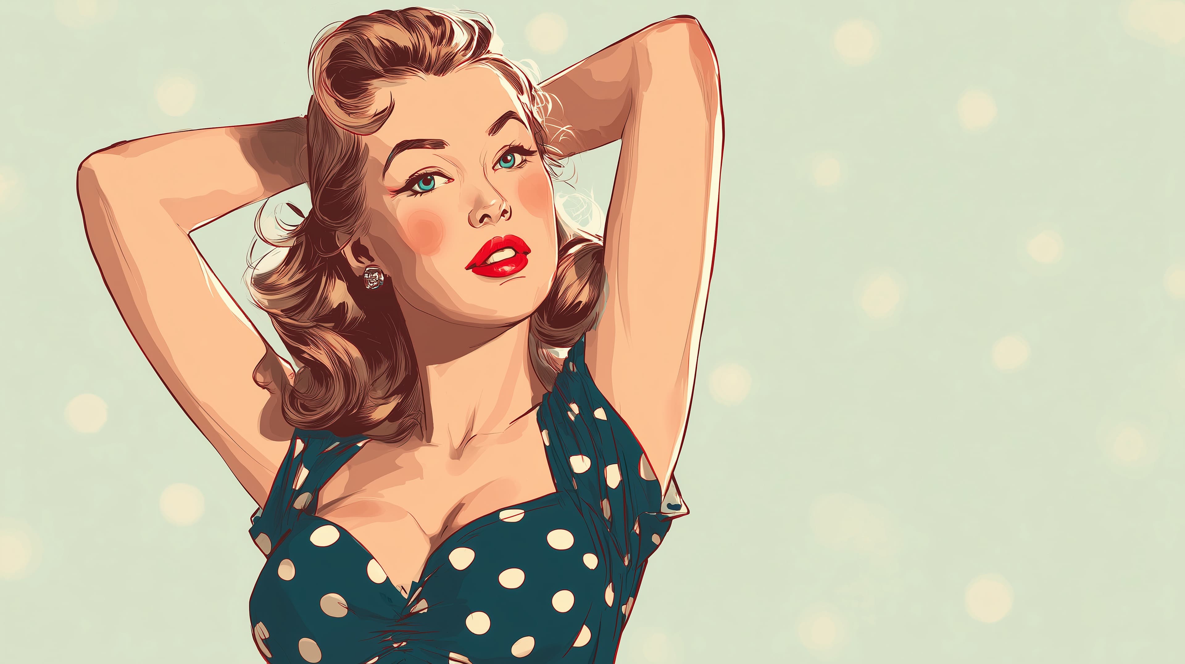 Retro Pin-Up Portrait in Polka Dot Dress: Vintage Illustration - High Resolution glamorous-woman Wallpaper for Mobile and Desktop