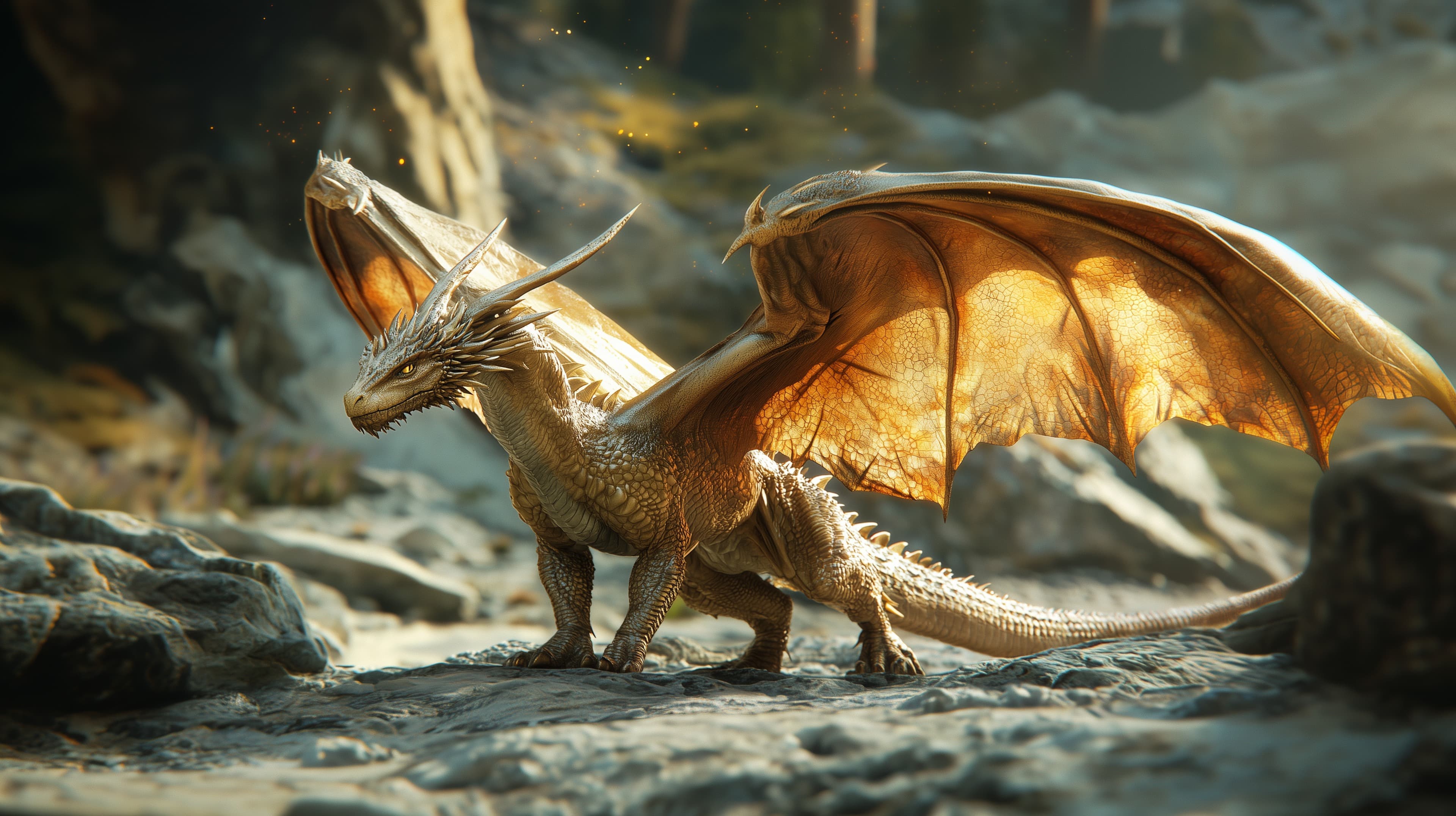 Golden-Wing Dragon in Sunlit Rocky Landscape Wallpaper - High Resolution creature Wallpaper for Mobile and Desktop
